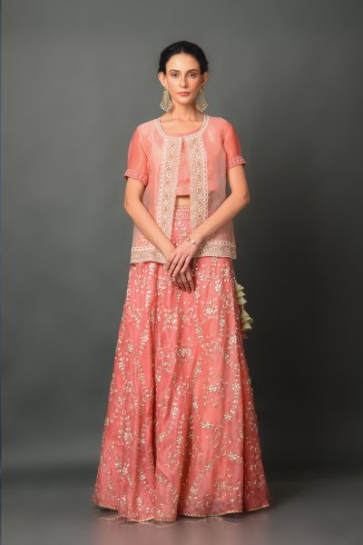 Peach Organza Lehenga With Blouse and Koti