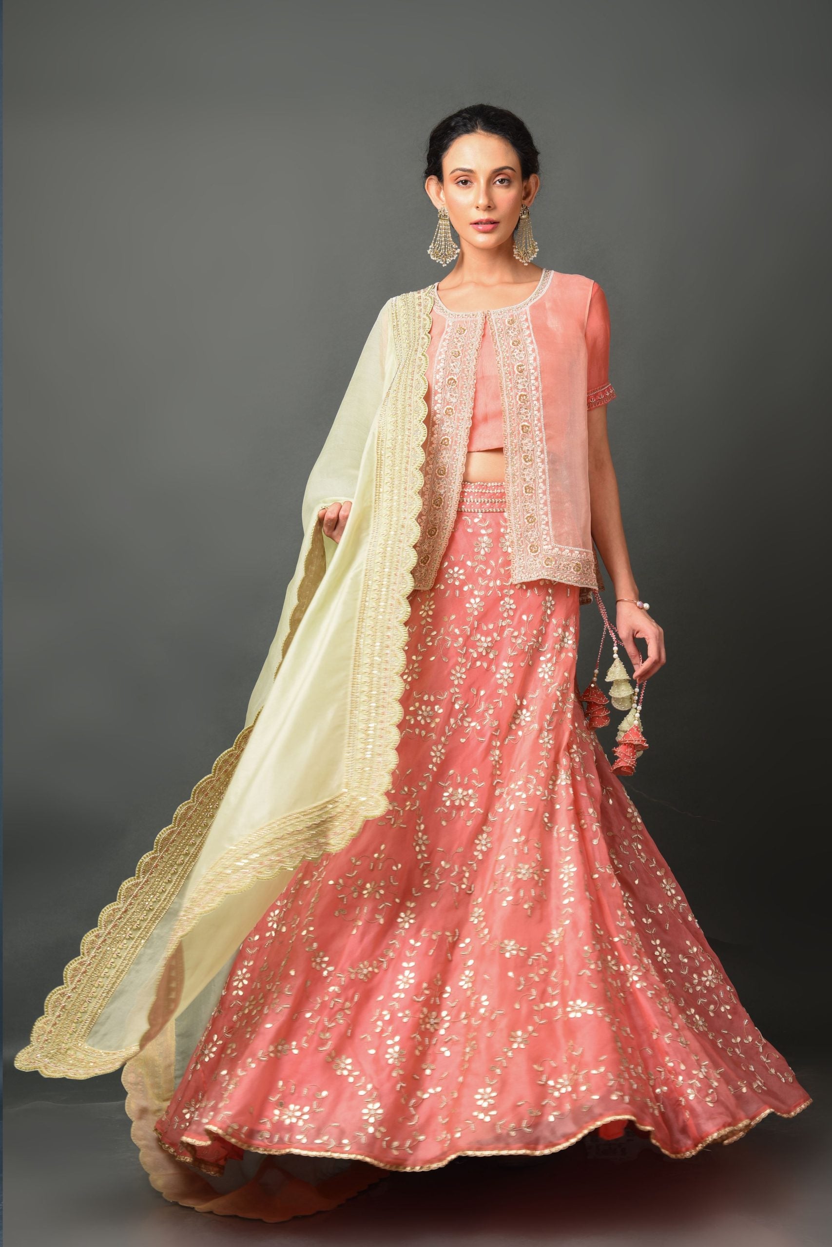 Peach Organza Lehenga With Blouse and Koti