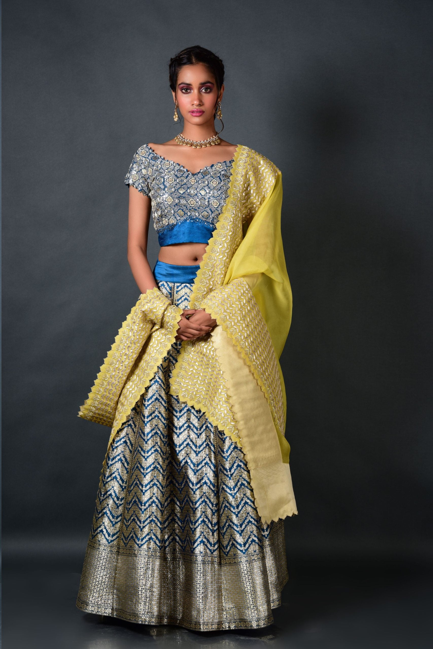Blue Brocade Lehenga With Dupatta and Blouse