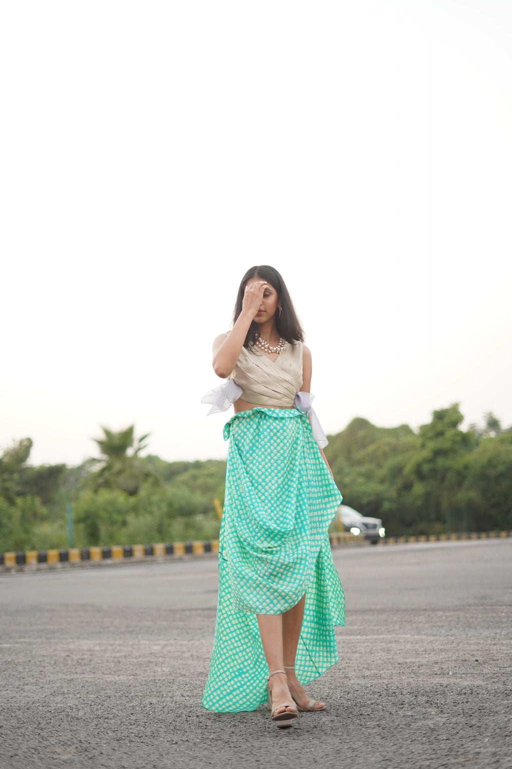 Green Bandhej Skirt With Blouse