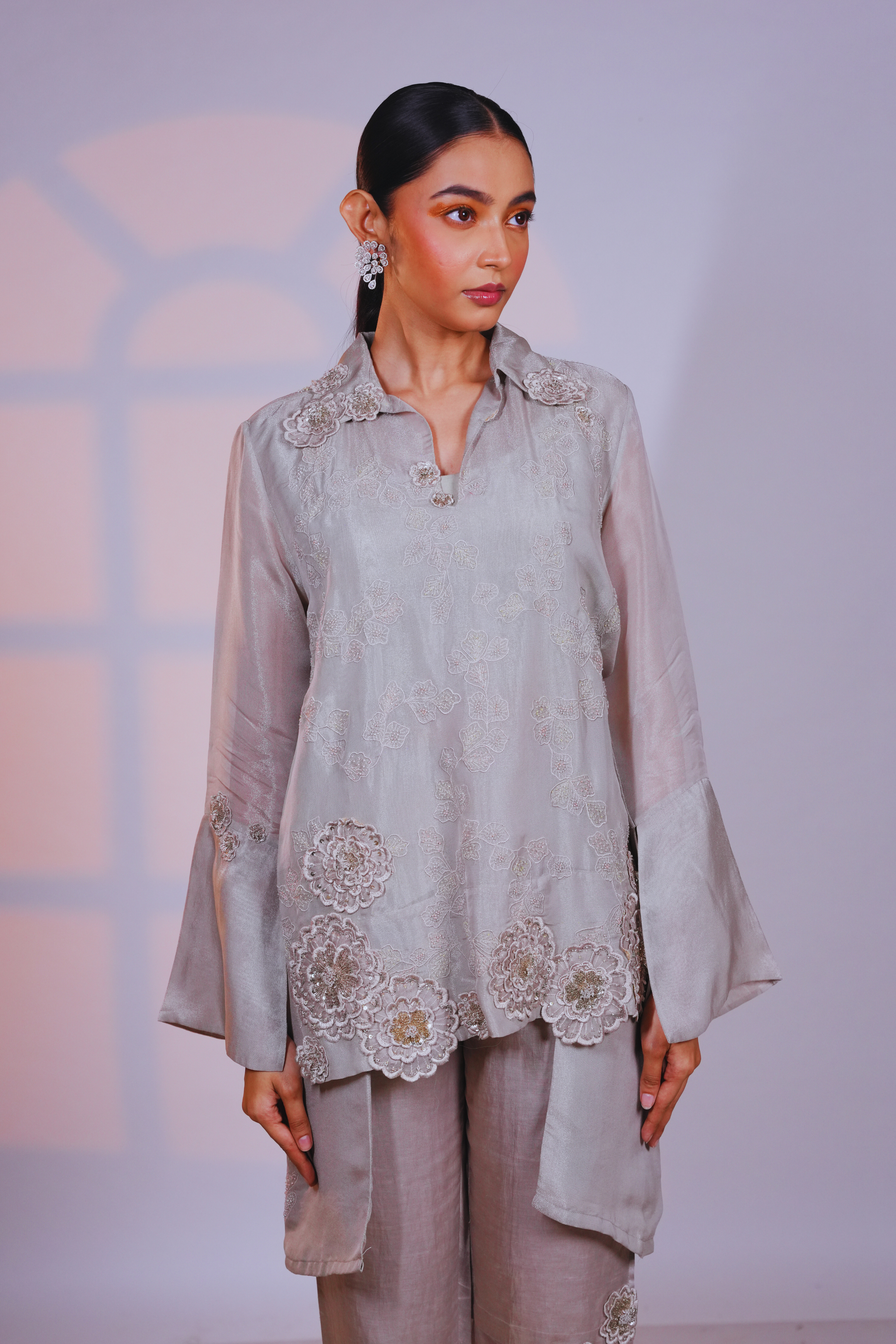 Grey Back Overlap Long Short Organza Shirt