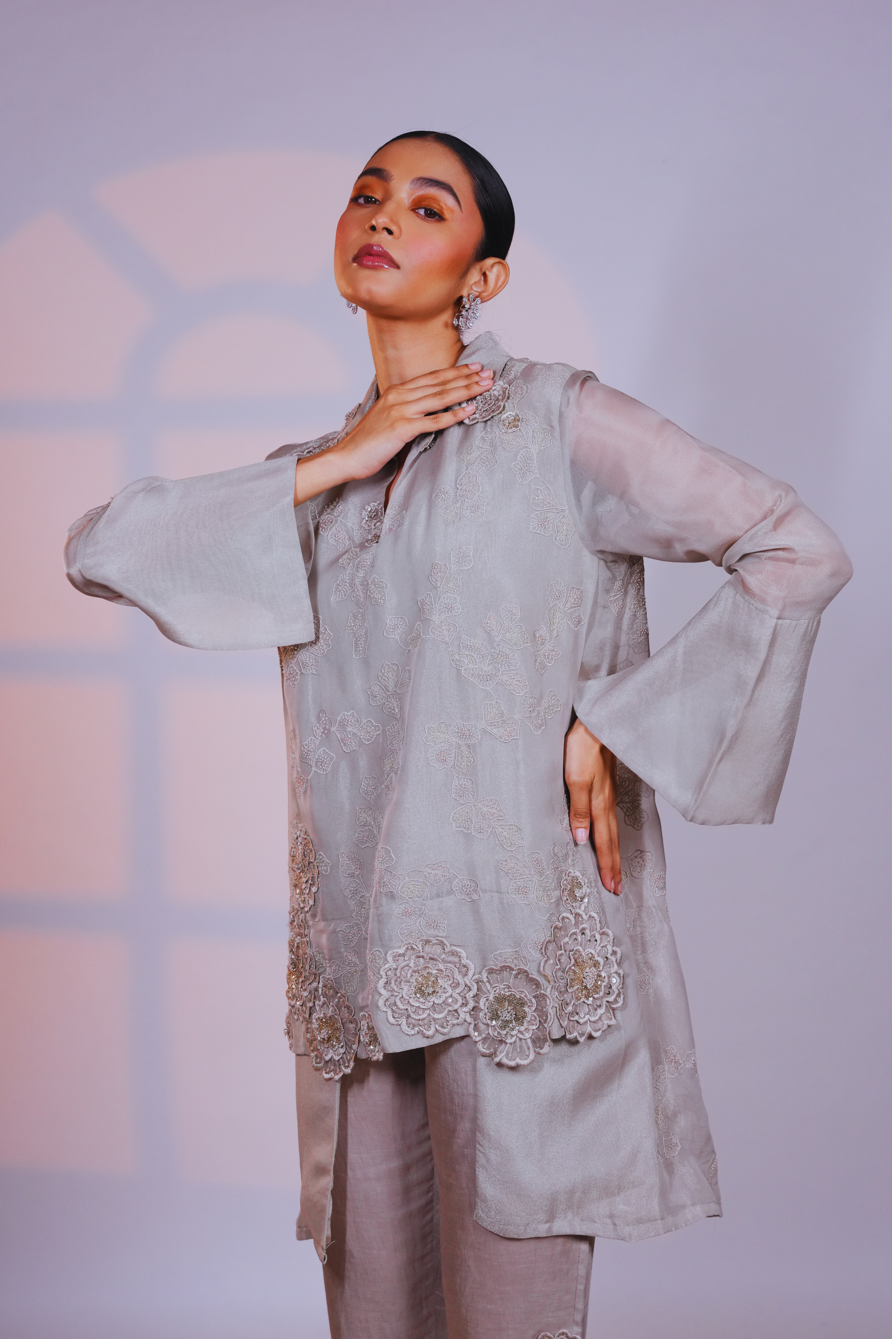 Grey Back Overlap Long Short Organza Shirt