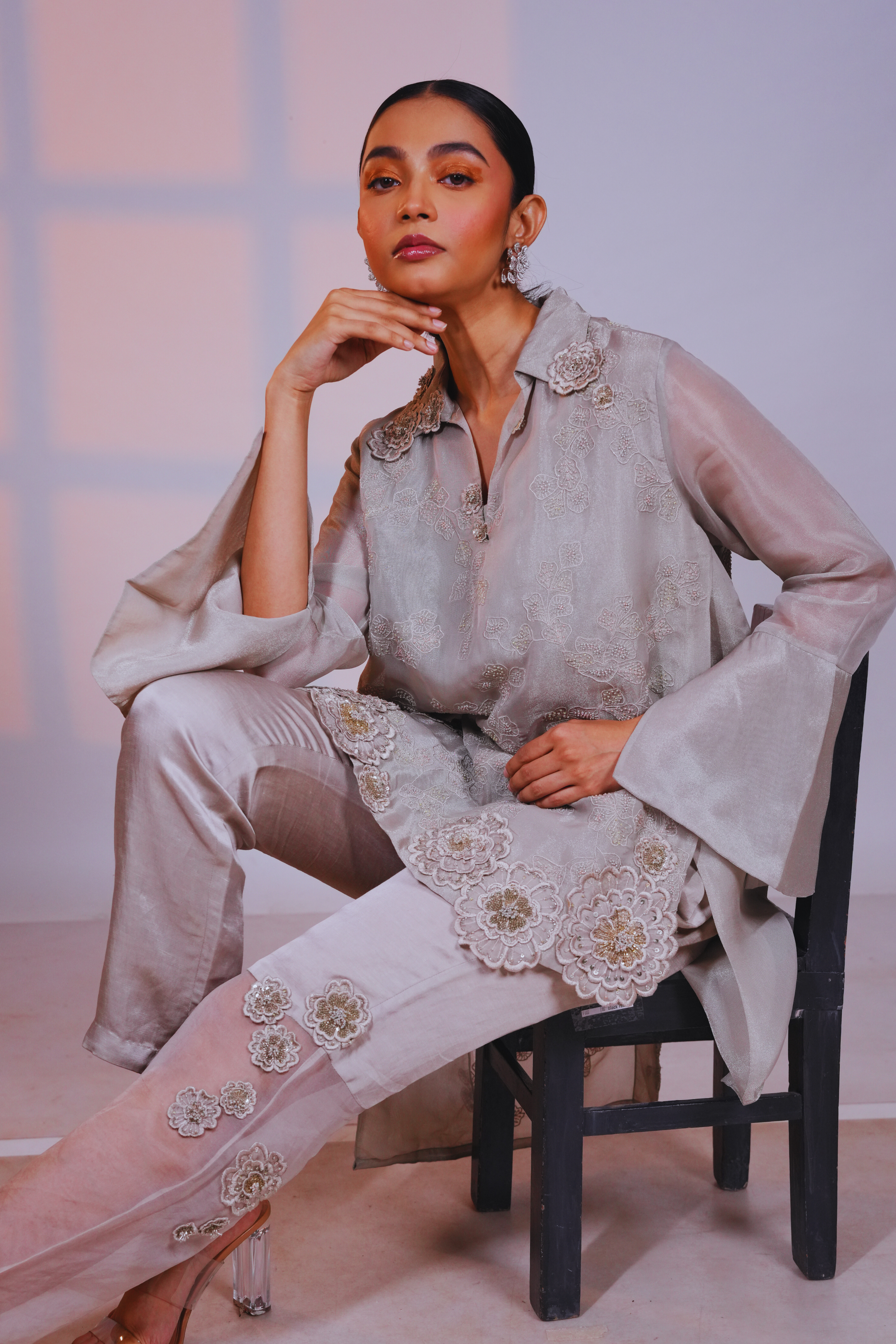 Grey Back Overlap Long Short Organza Shirt