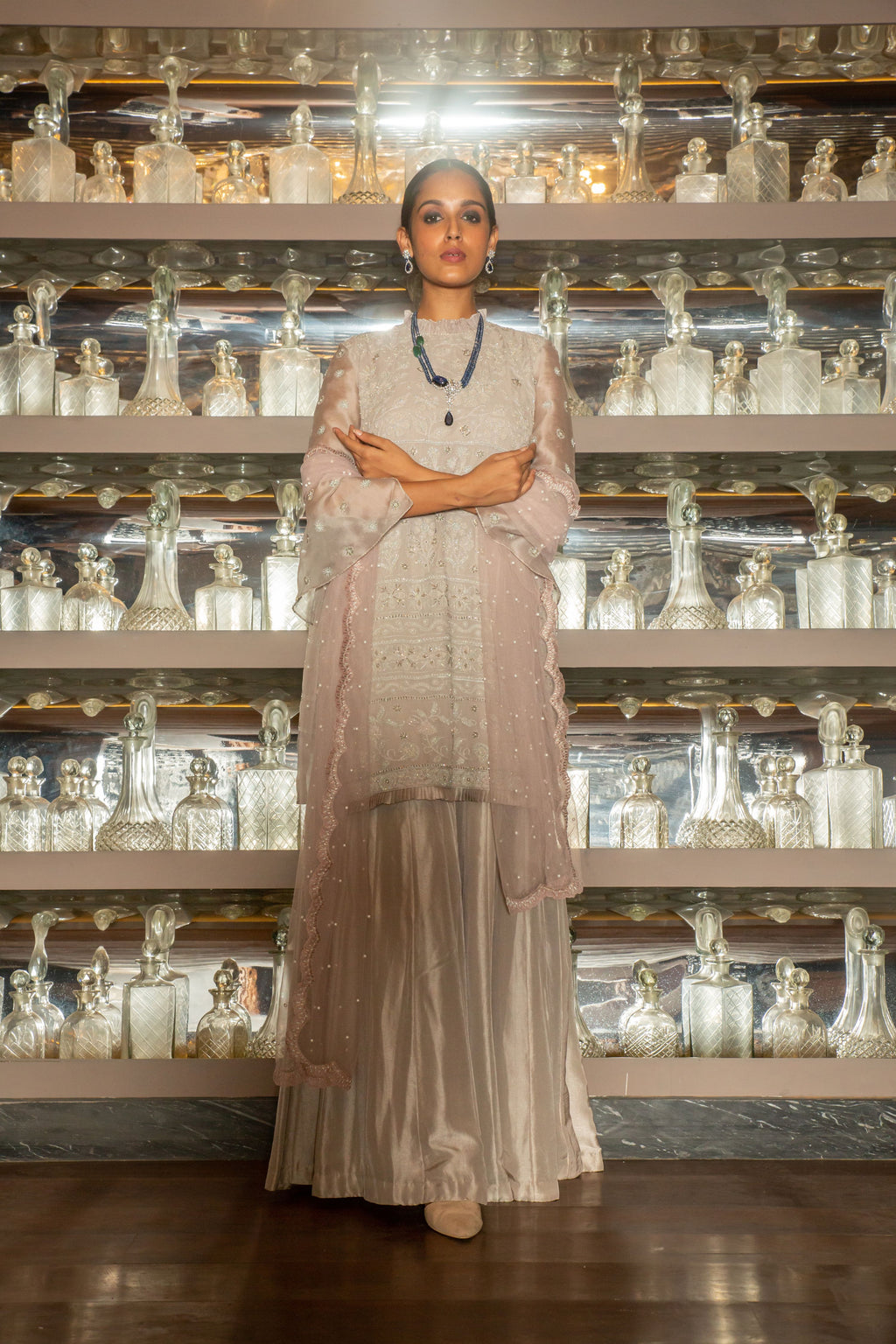 Grey Chikan Kurta With Pant and Dupatta