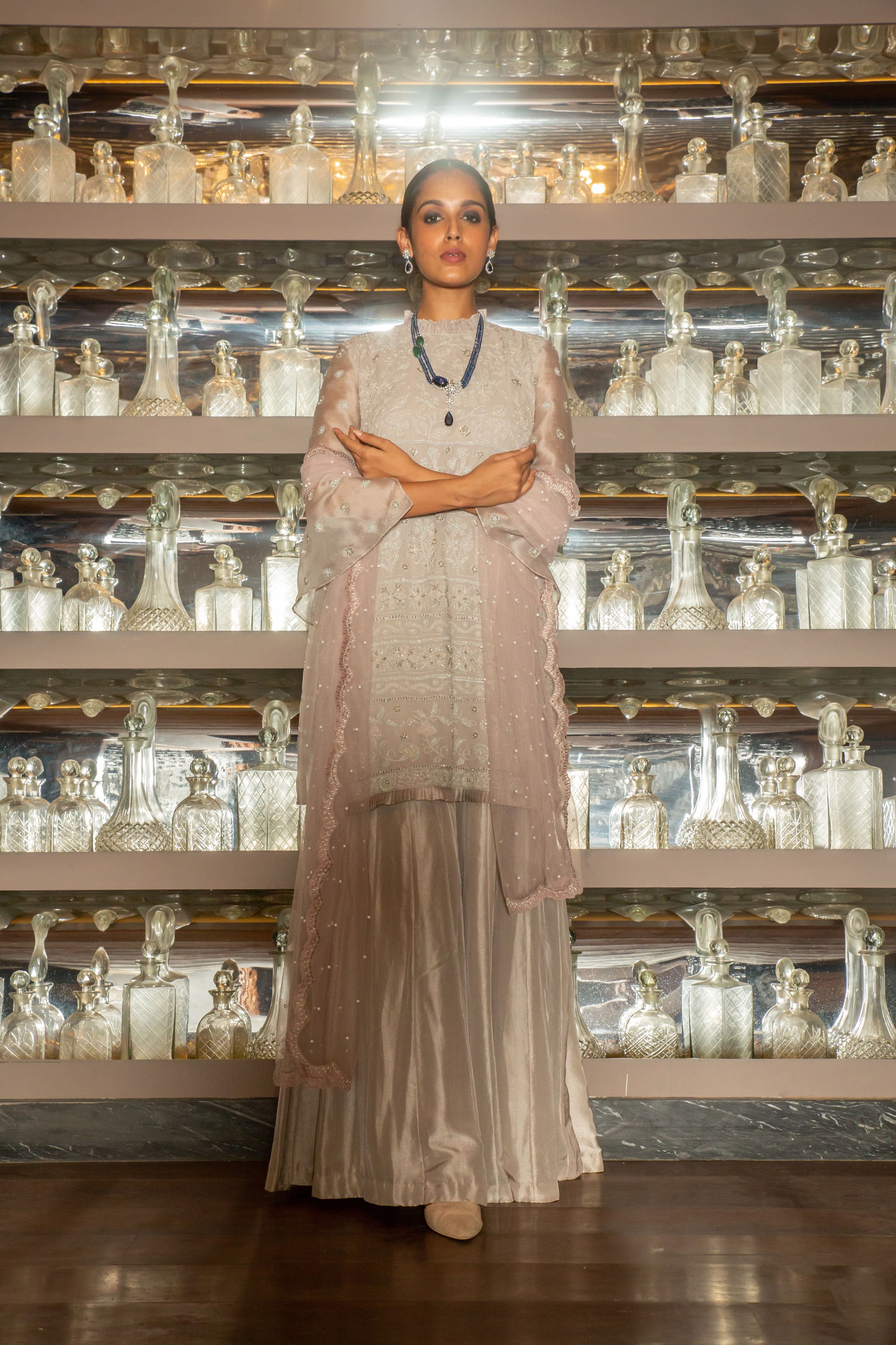 Grey Chikan Kurta With Pant and Dupatta