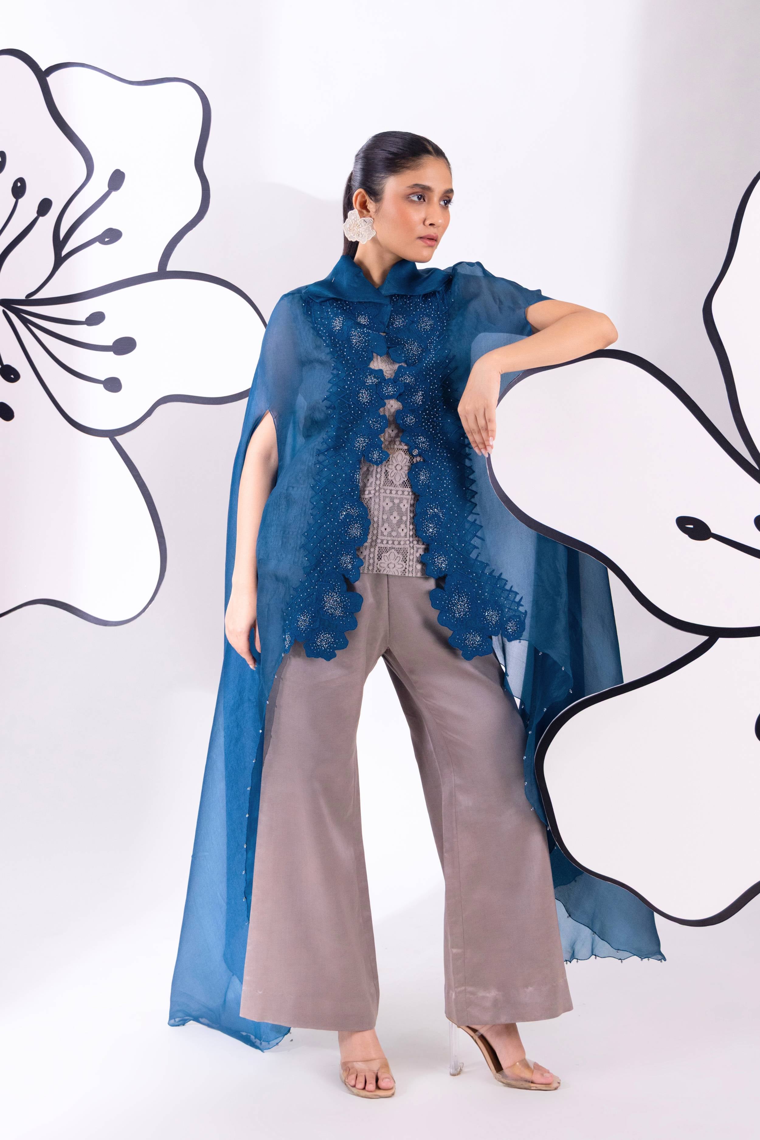 Blue Organza Cape with Kurta and Pant