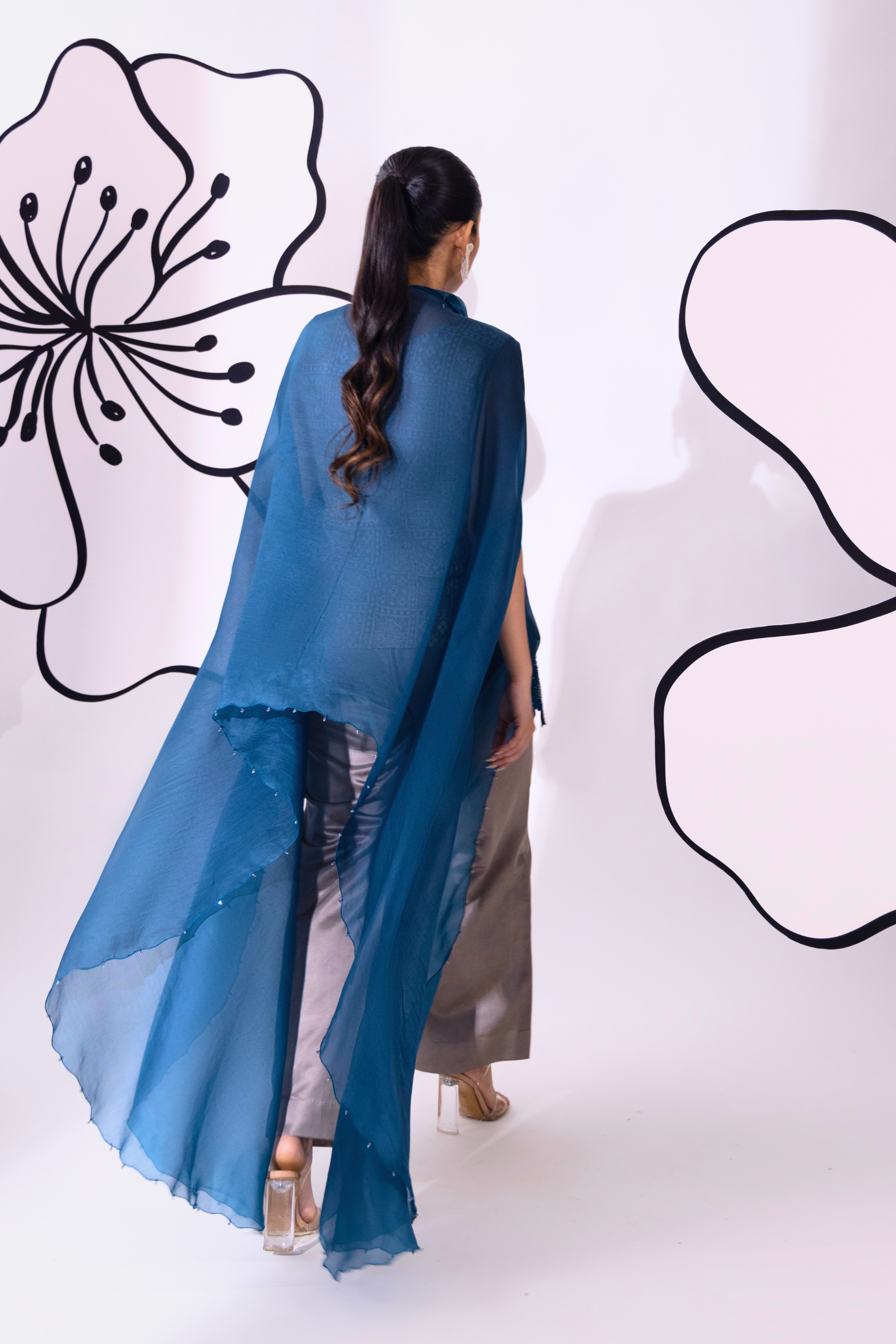 Blue Organza Cape with Kurta and Pant