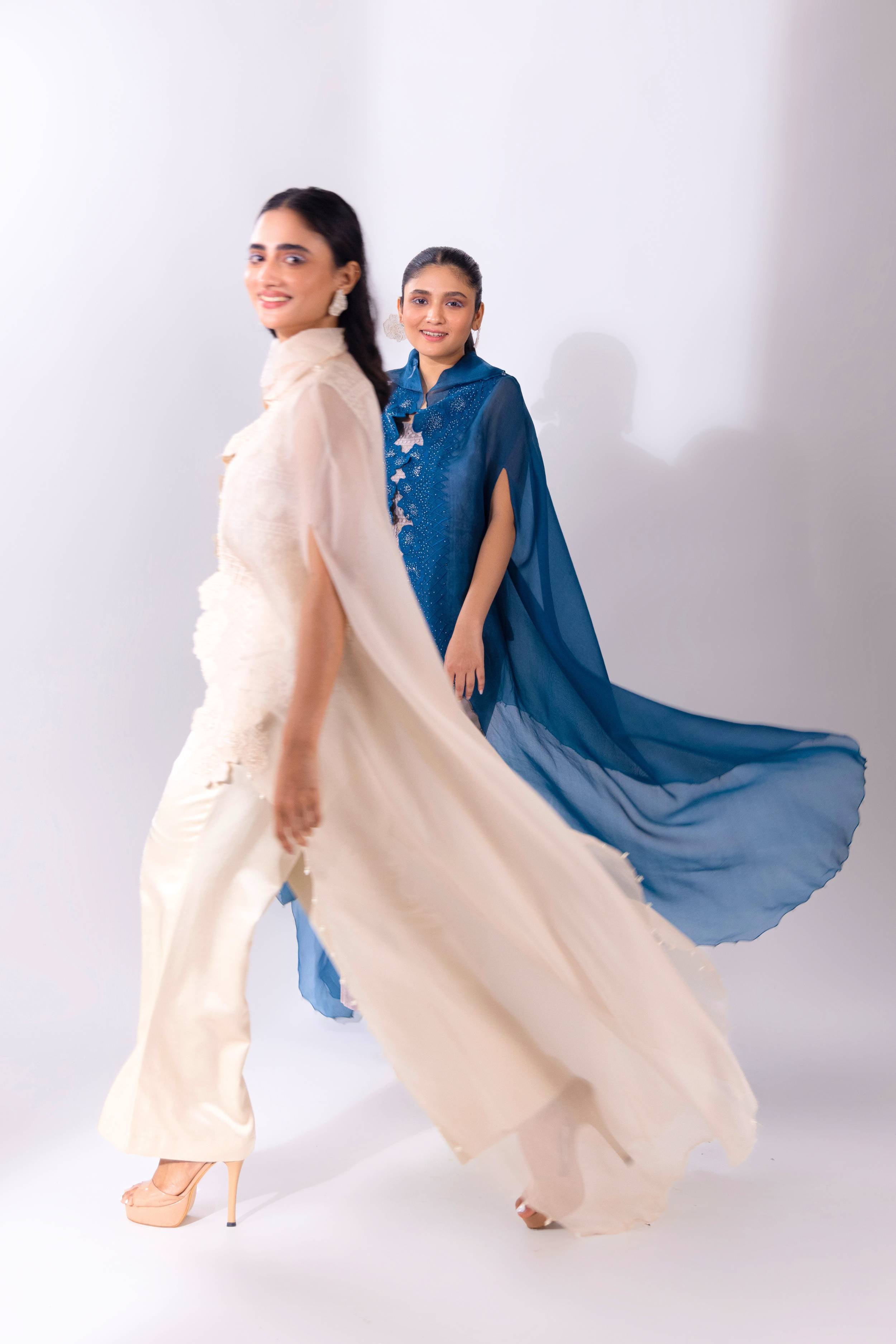 Blue Organza Cape with Kurta and Pant