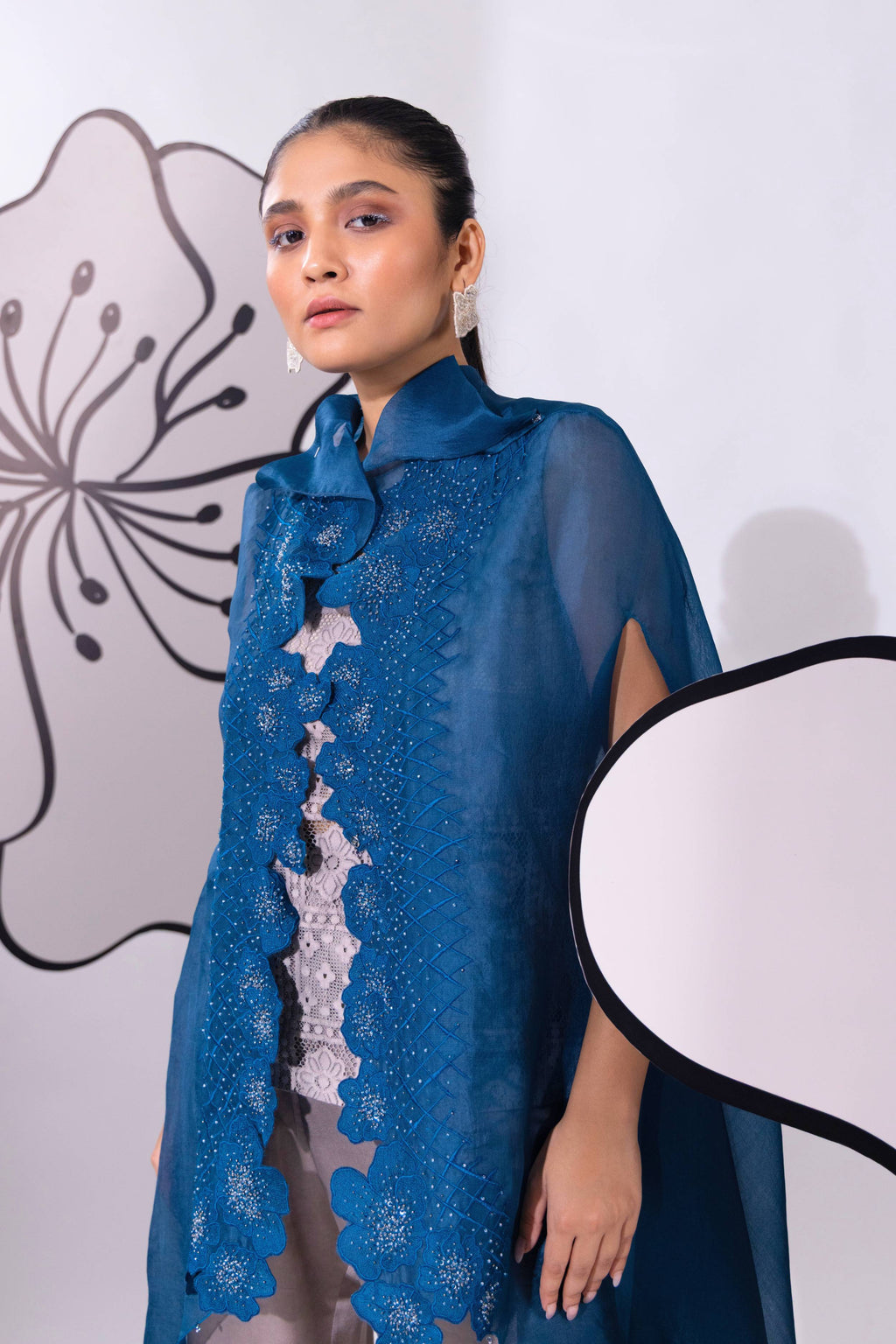 Blue Organza Cape with Kurta and Pant