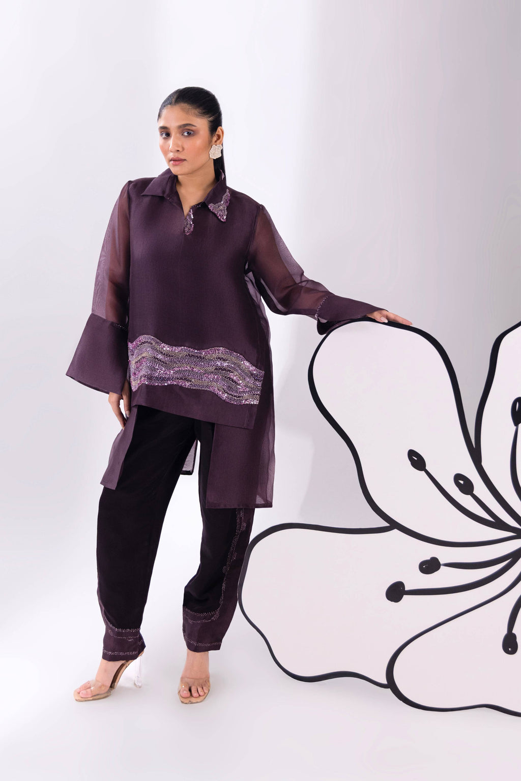 Brown Overlap Long Short Shirt With Slip and Pant