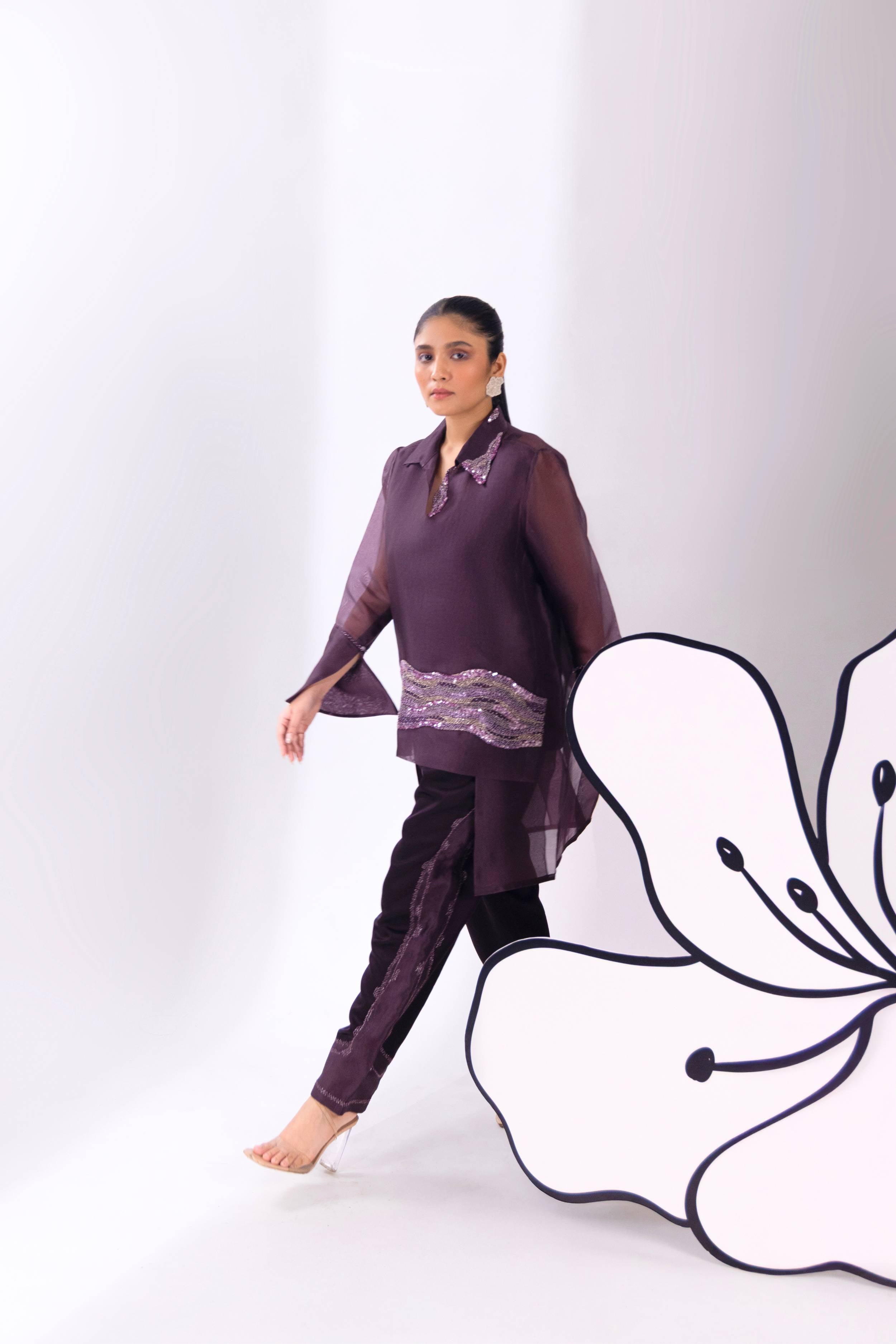 Brown Overlap Long Short Shirt With Slip and Pant