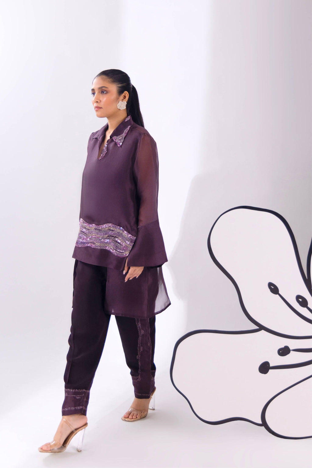 Brown Overlap Long Short Shirt With Slip and Pant