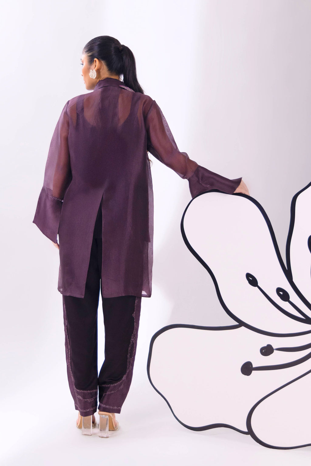 Brown Overlap Long Short Shirt With Slip and Pant