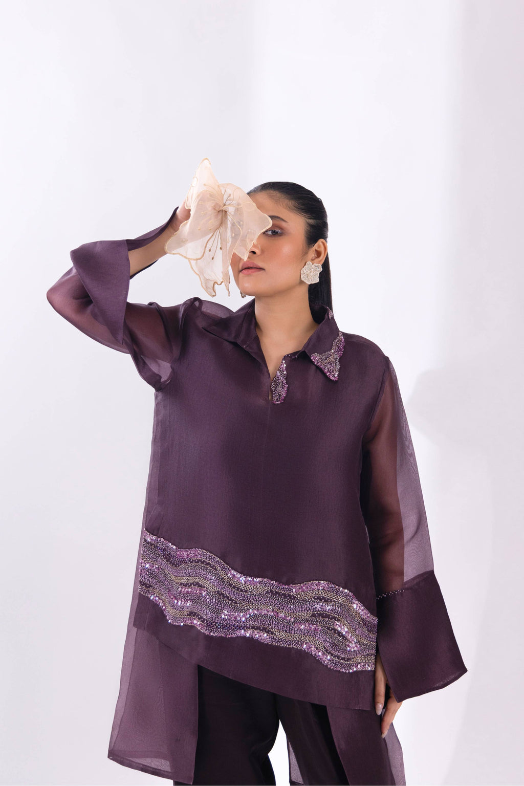 Brown Overlap Long Short Shirt With Slip and Pant