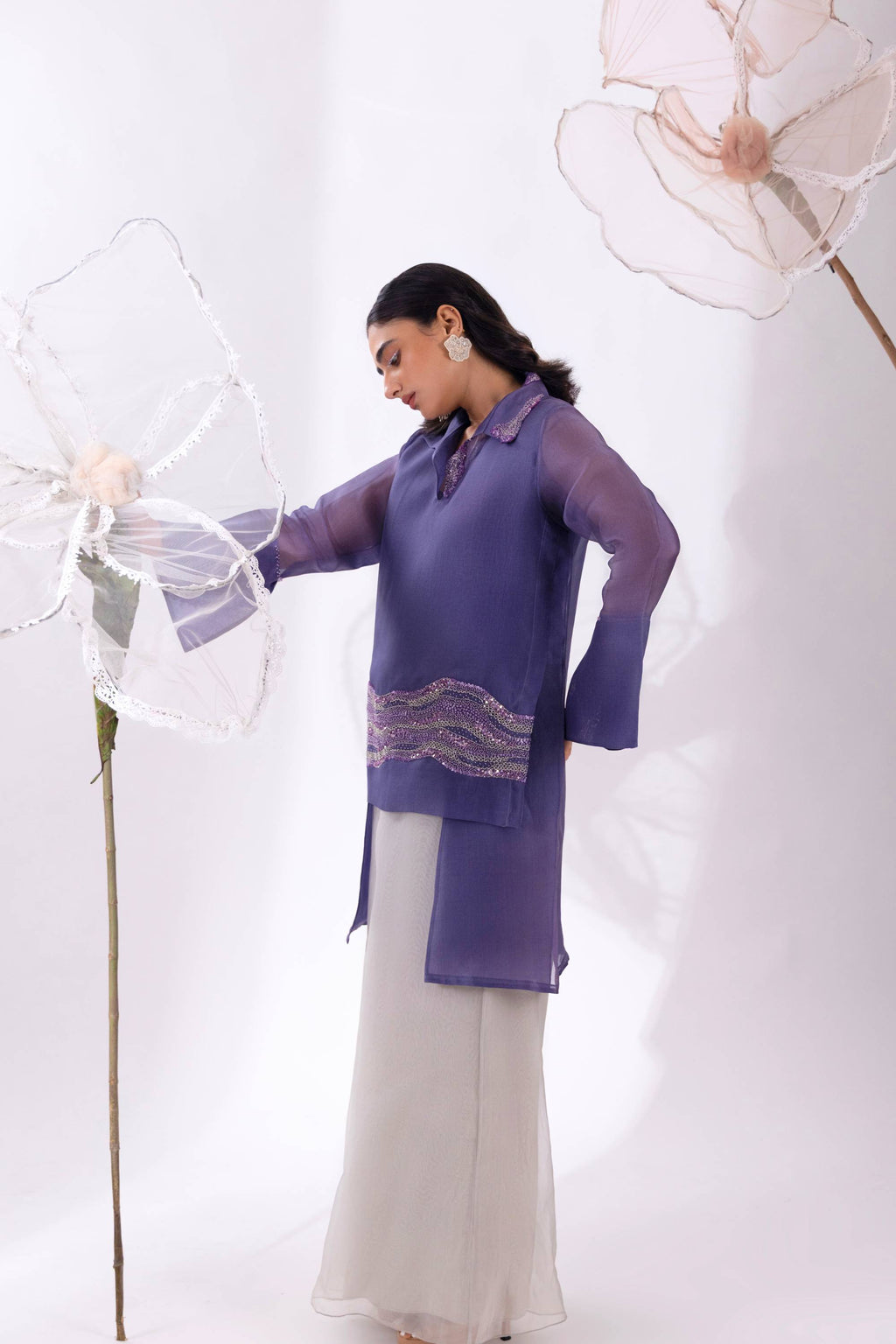 Purple Overlap Long Short Shirt With Slip and Pant