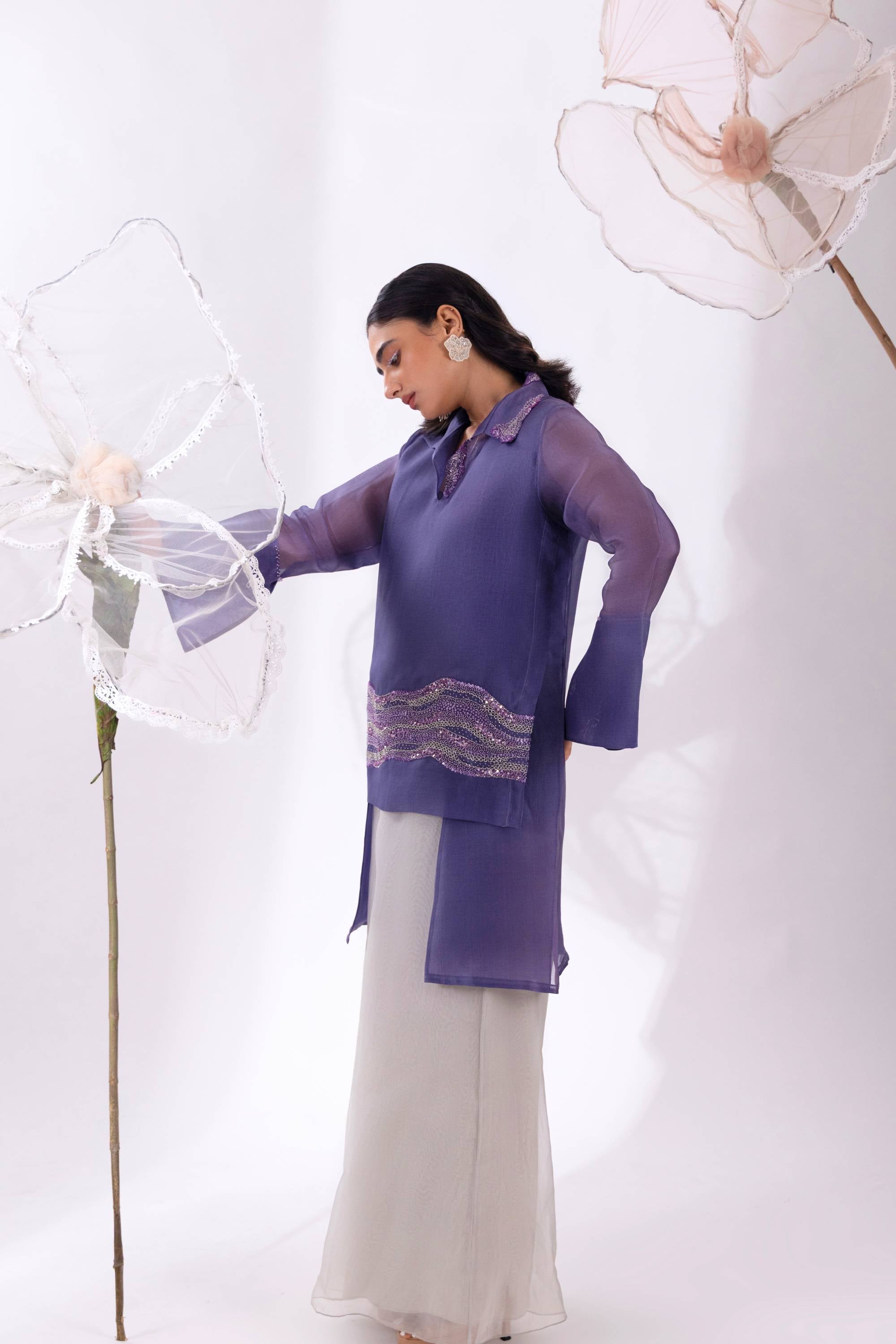 Purple Overlap Long Short Shirt With Slip and Pant