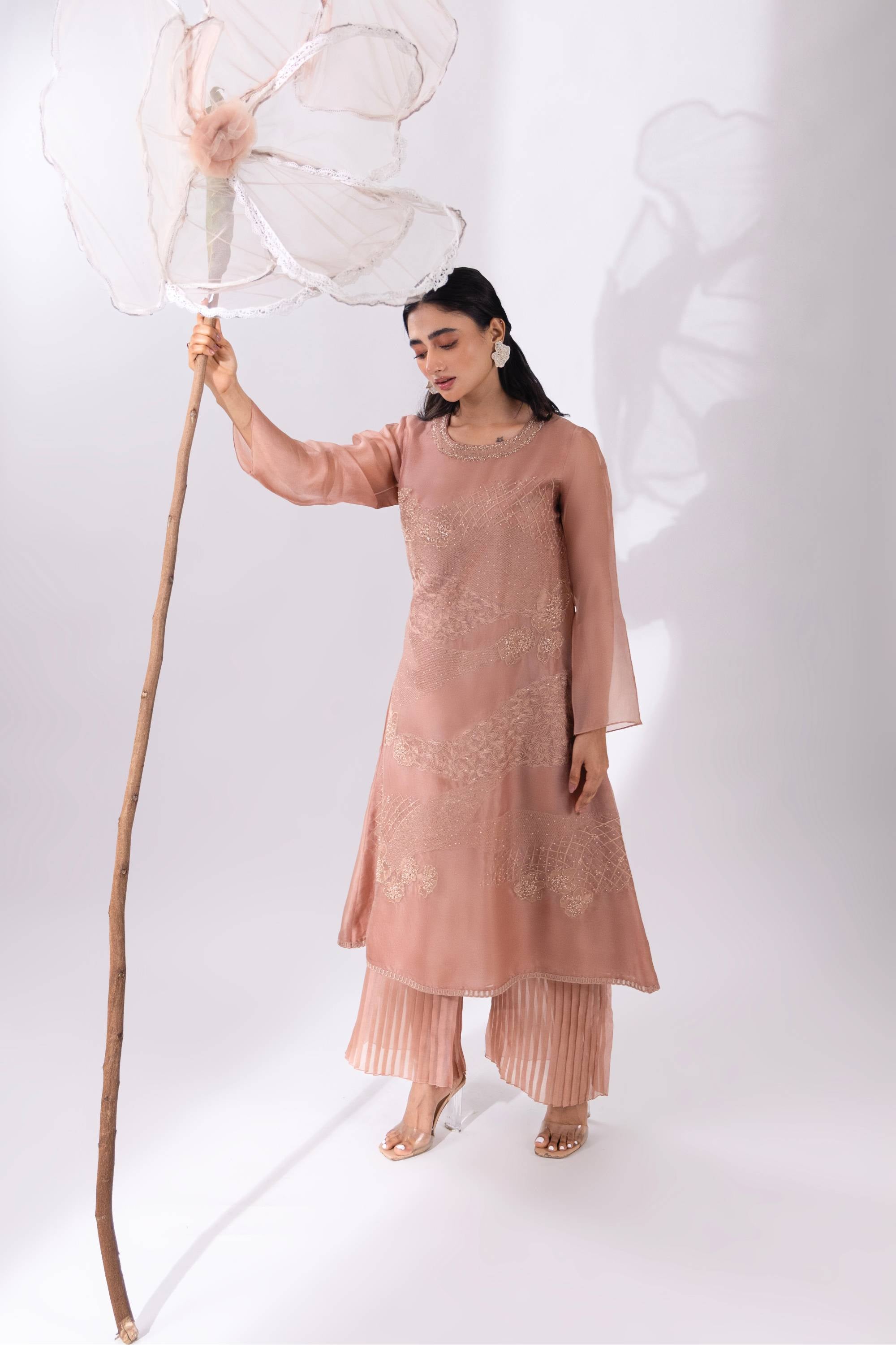 Brown A-line Organza Kurta With Pant
