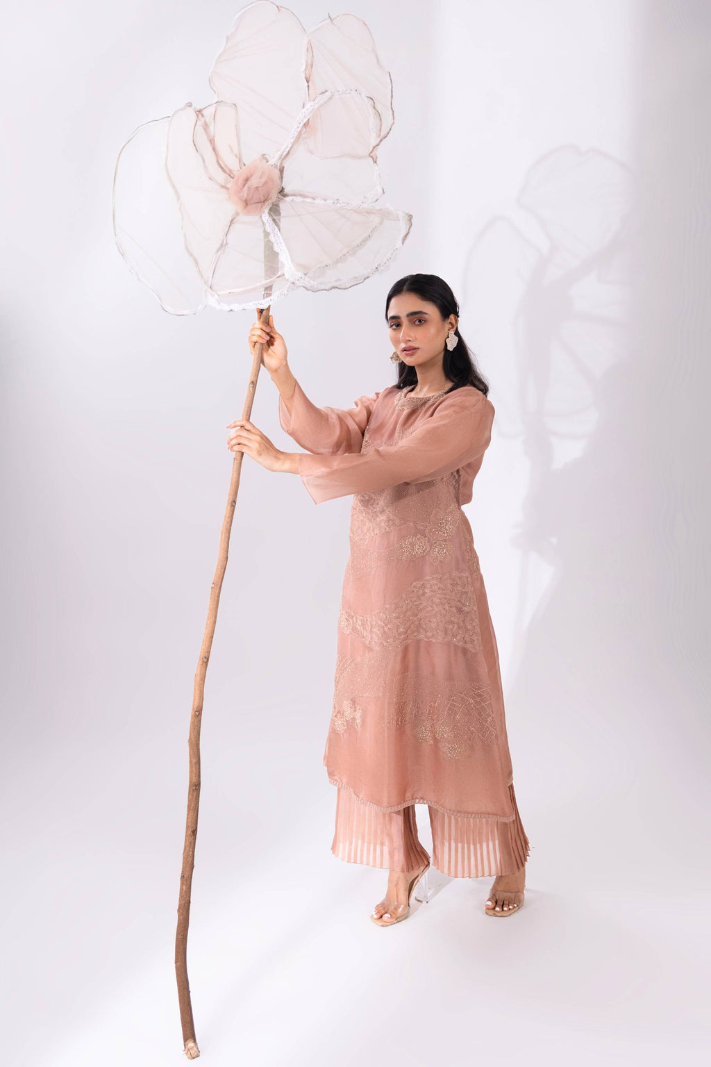 Brown A-line Organza Kurta With Pant