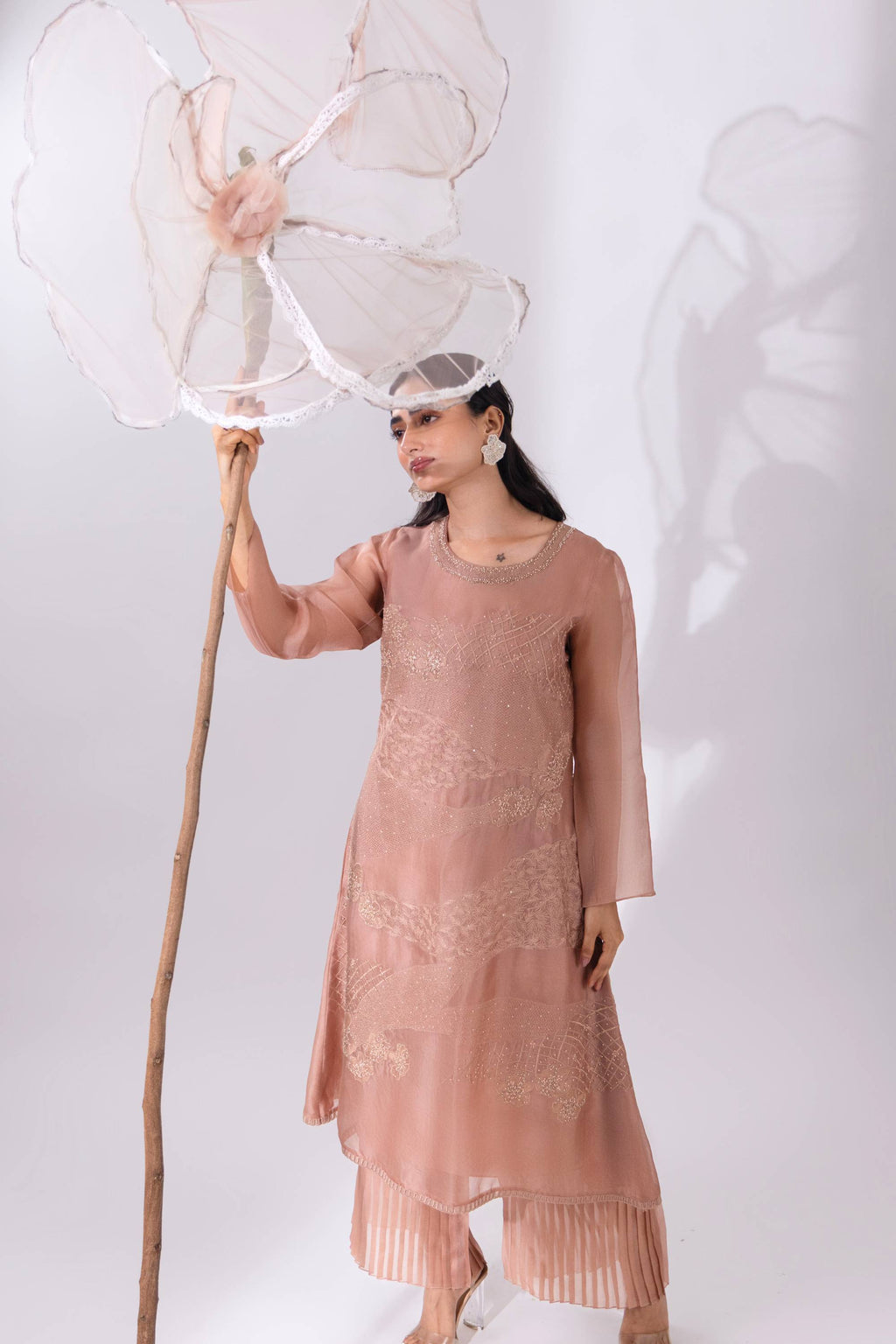 Brown A-line Organza Kurta With Pant