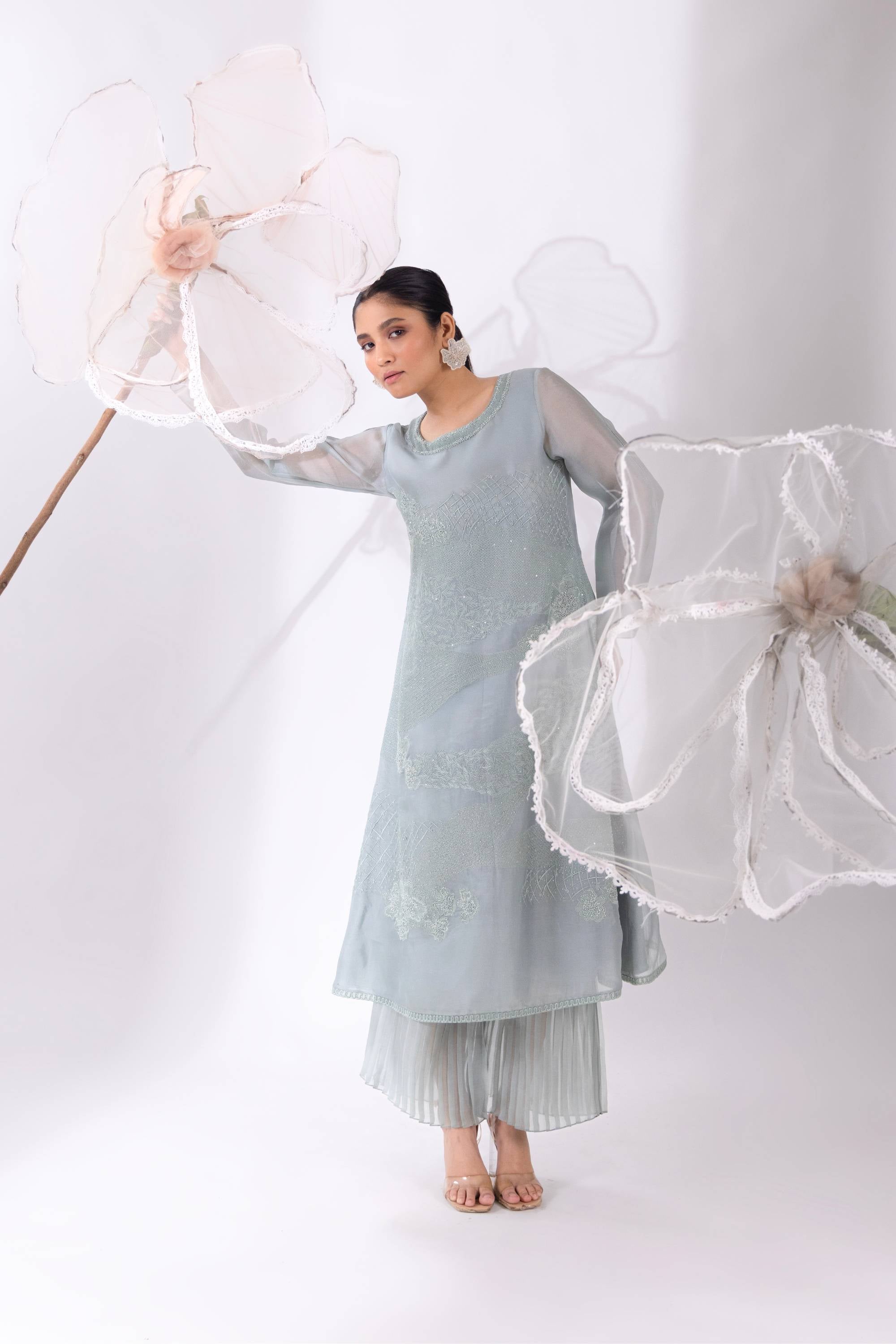 Blue A-line Organza Kurta With Pant