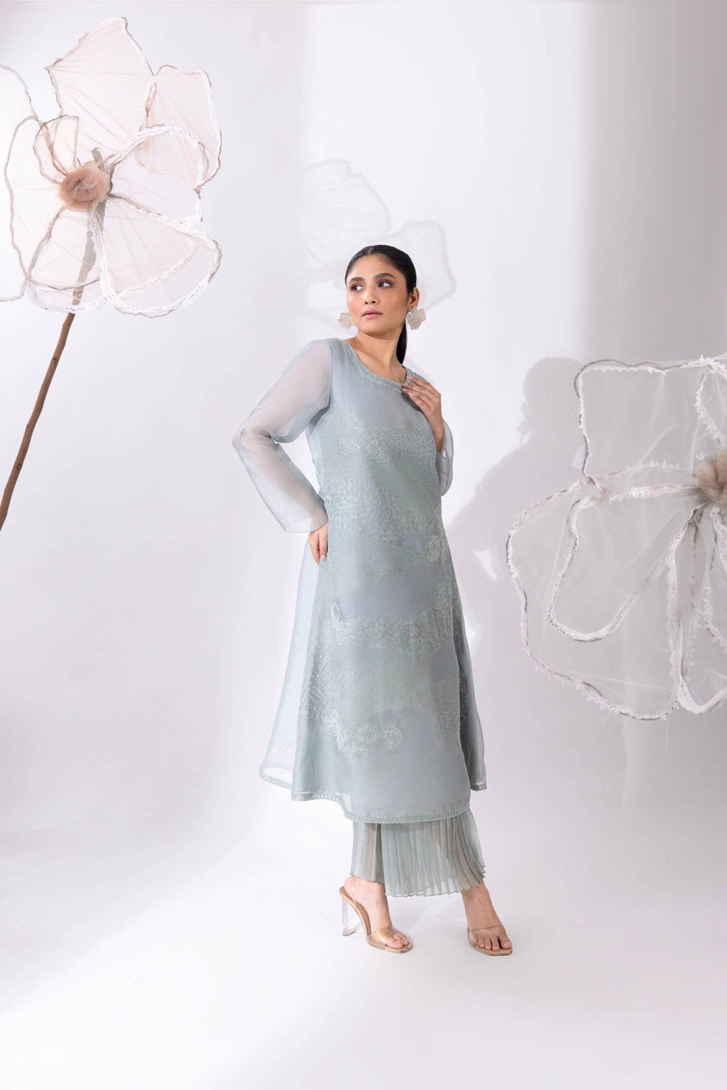 Blue A-line Organza Kurta With Pant
