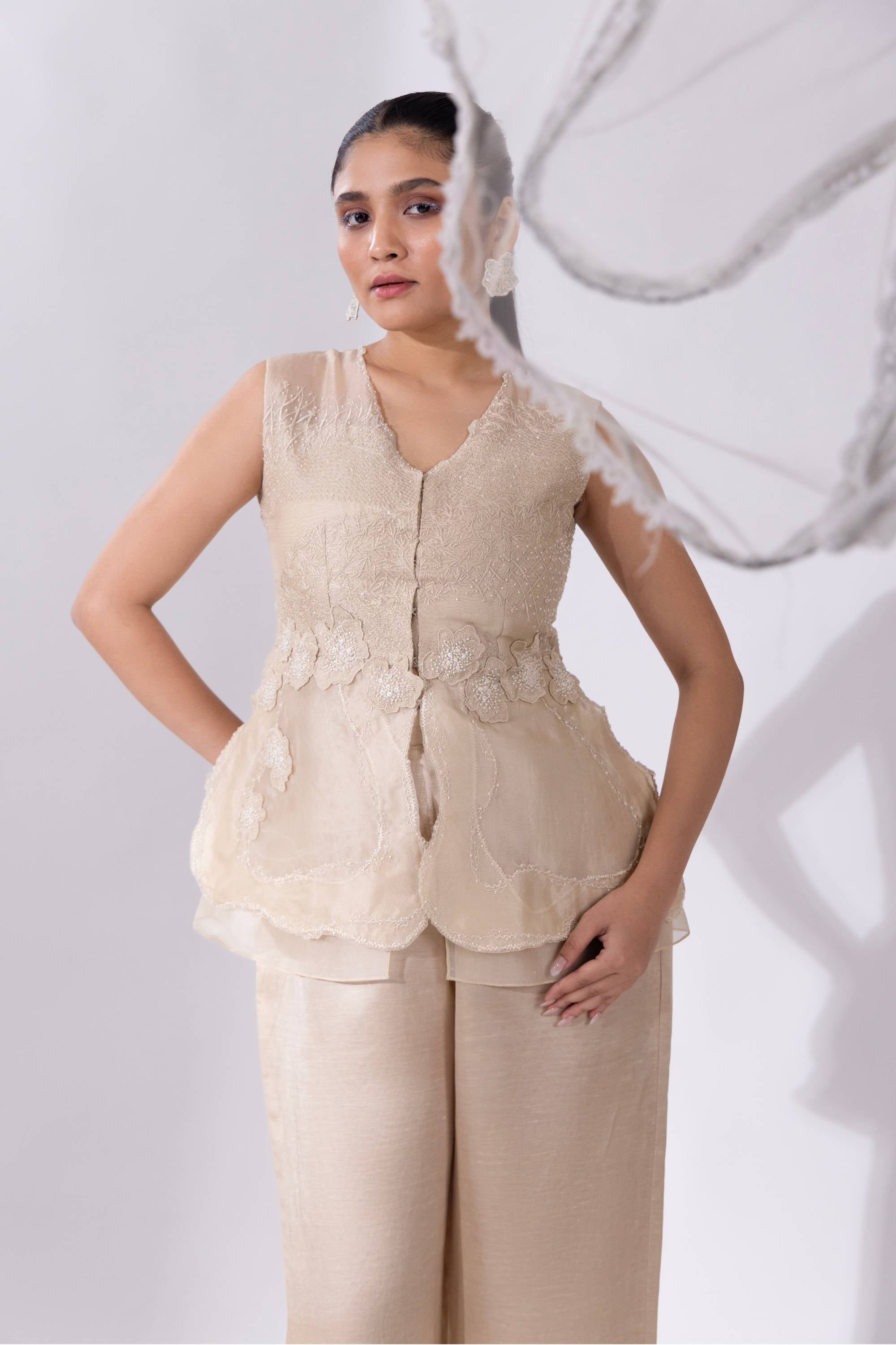 White Peplum Set With Top & Pant