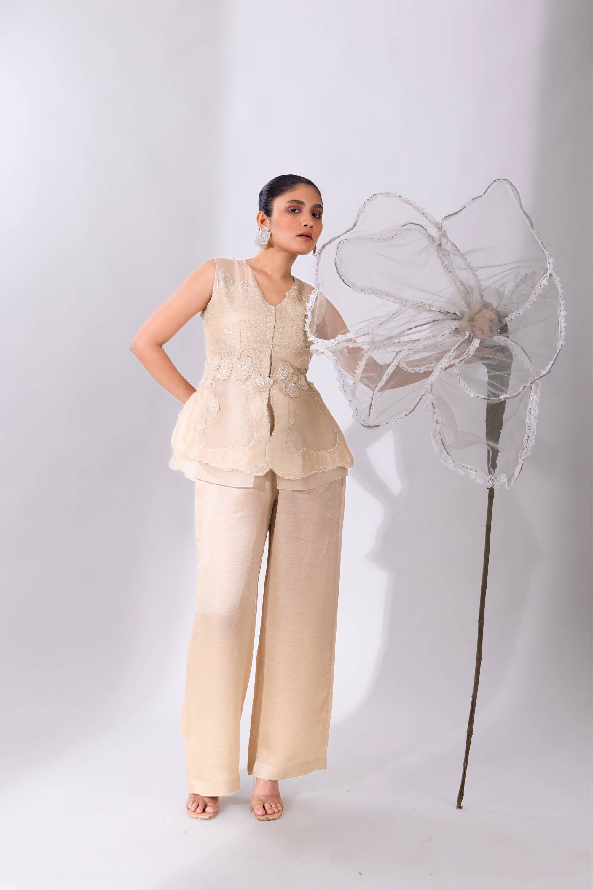 White Peplum Set With Top & Pant