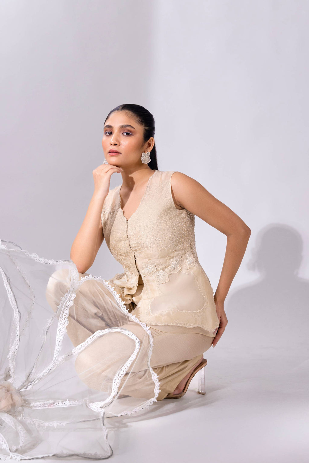 White Peplum Set With Top & Pant