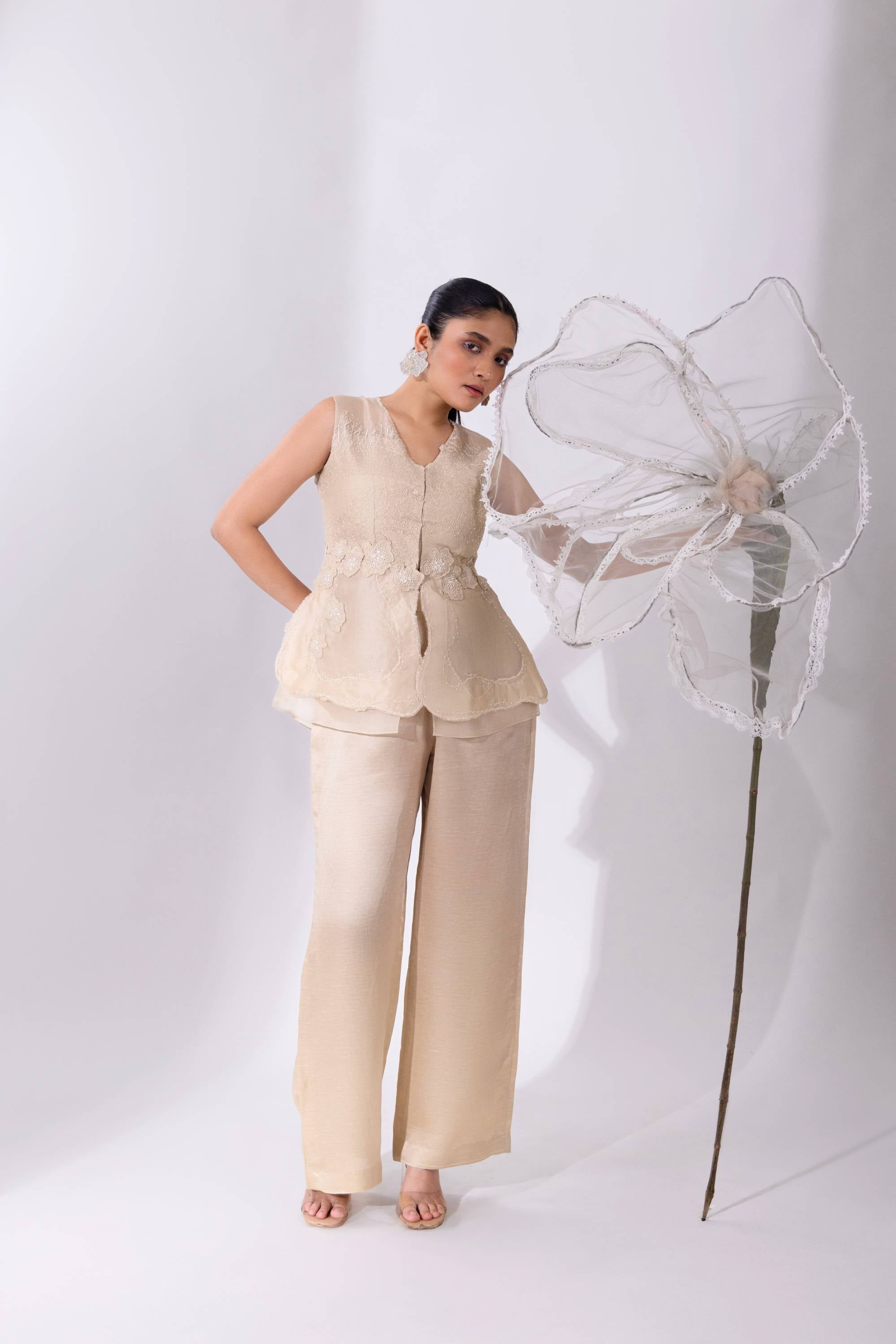 White Peplum Set With Top & Pant