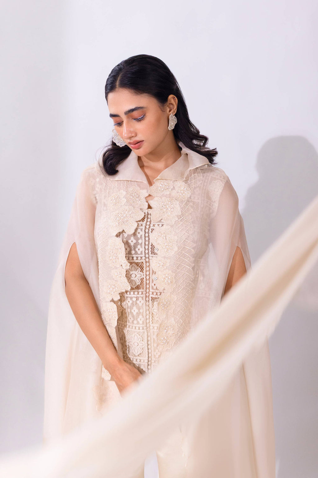 White Organza Cape with Top and Pant