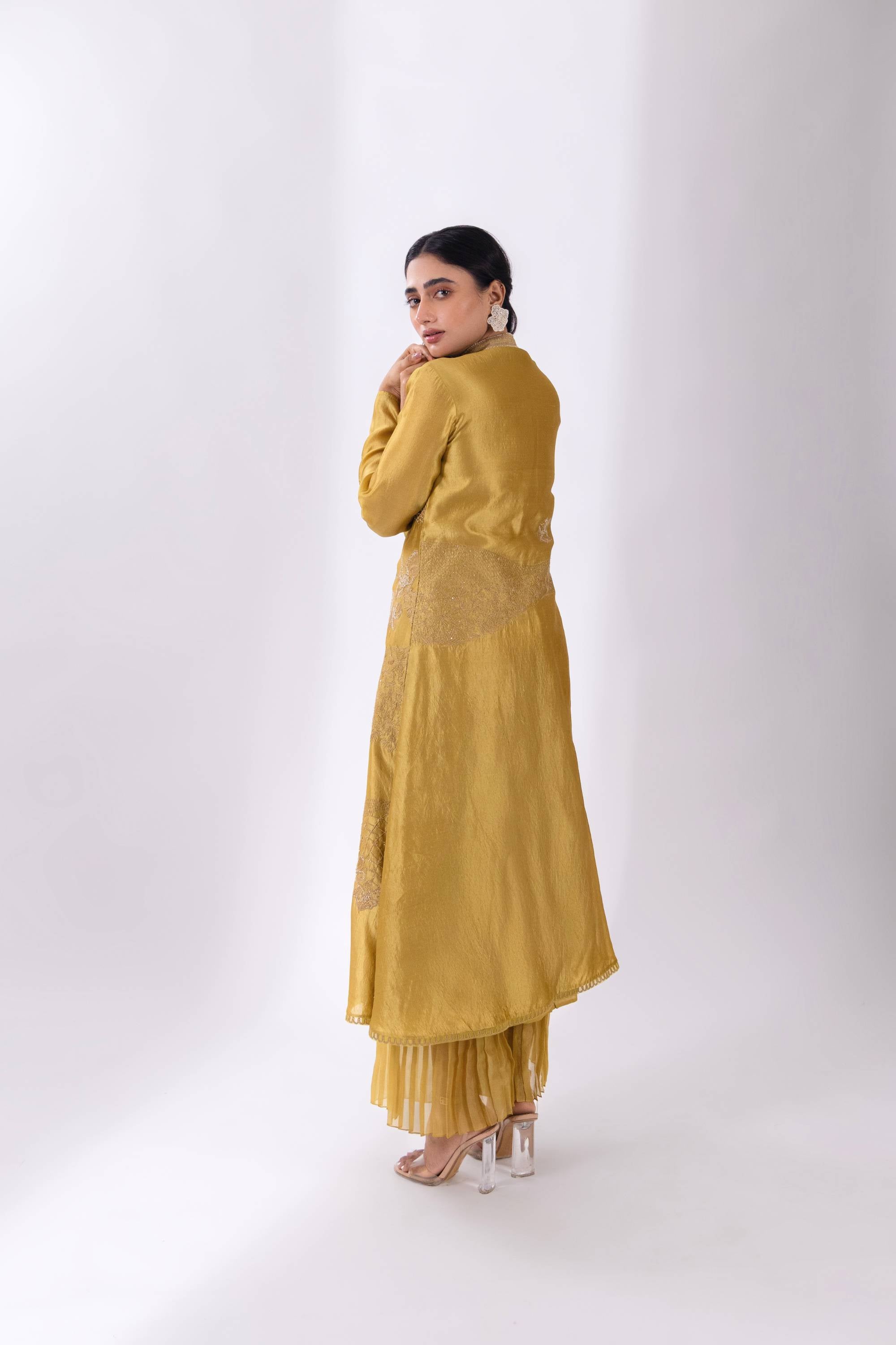 Green A-Line Silk Kurta With Pant