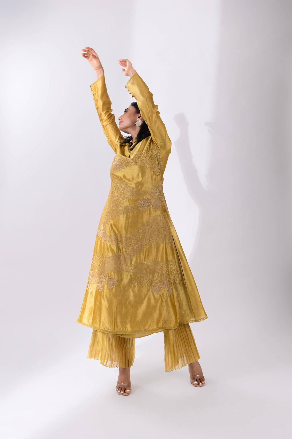 Green A-Line Silk Kurta With Pant