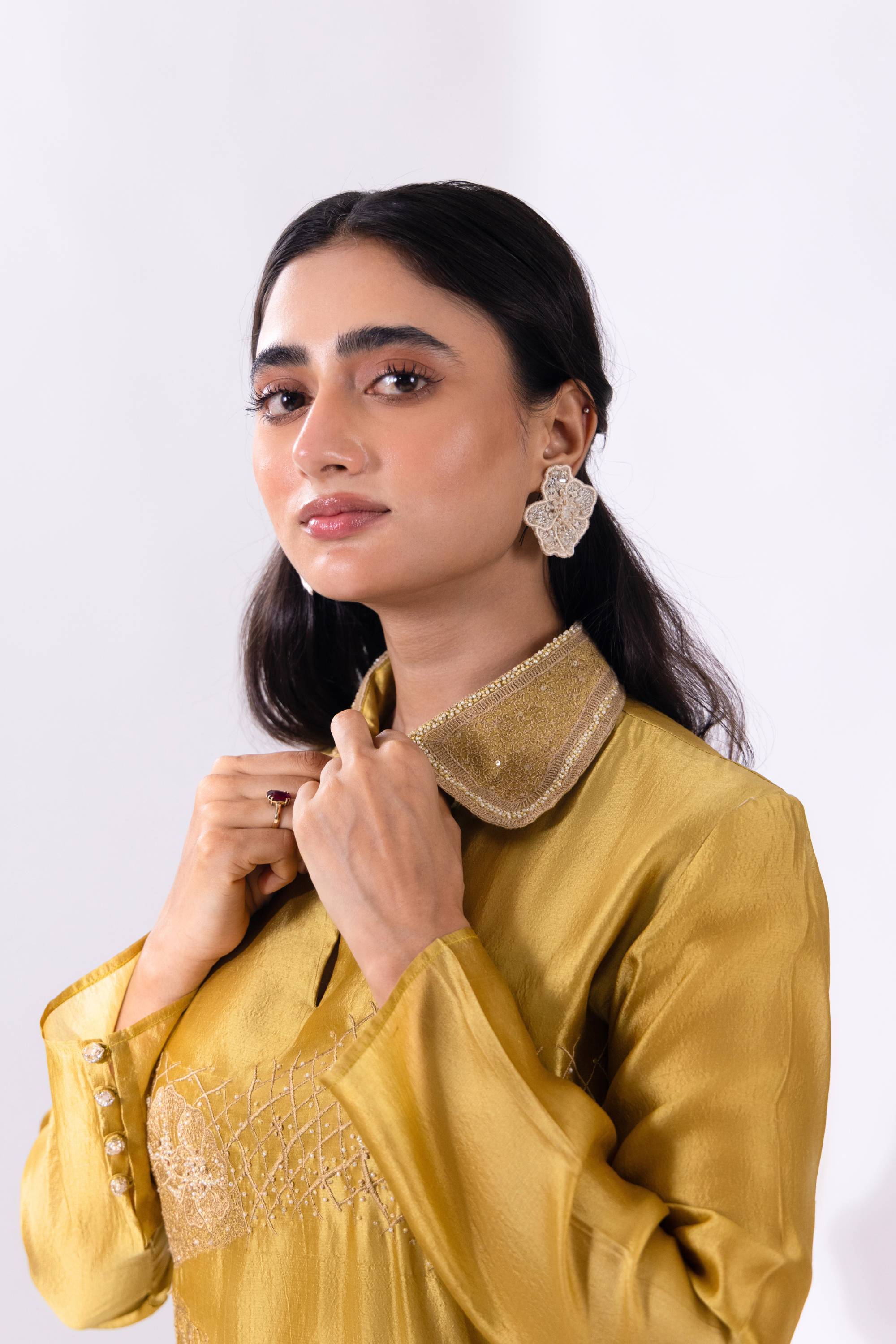 Green A-Line Silk Kurta