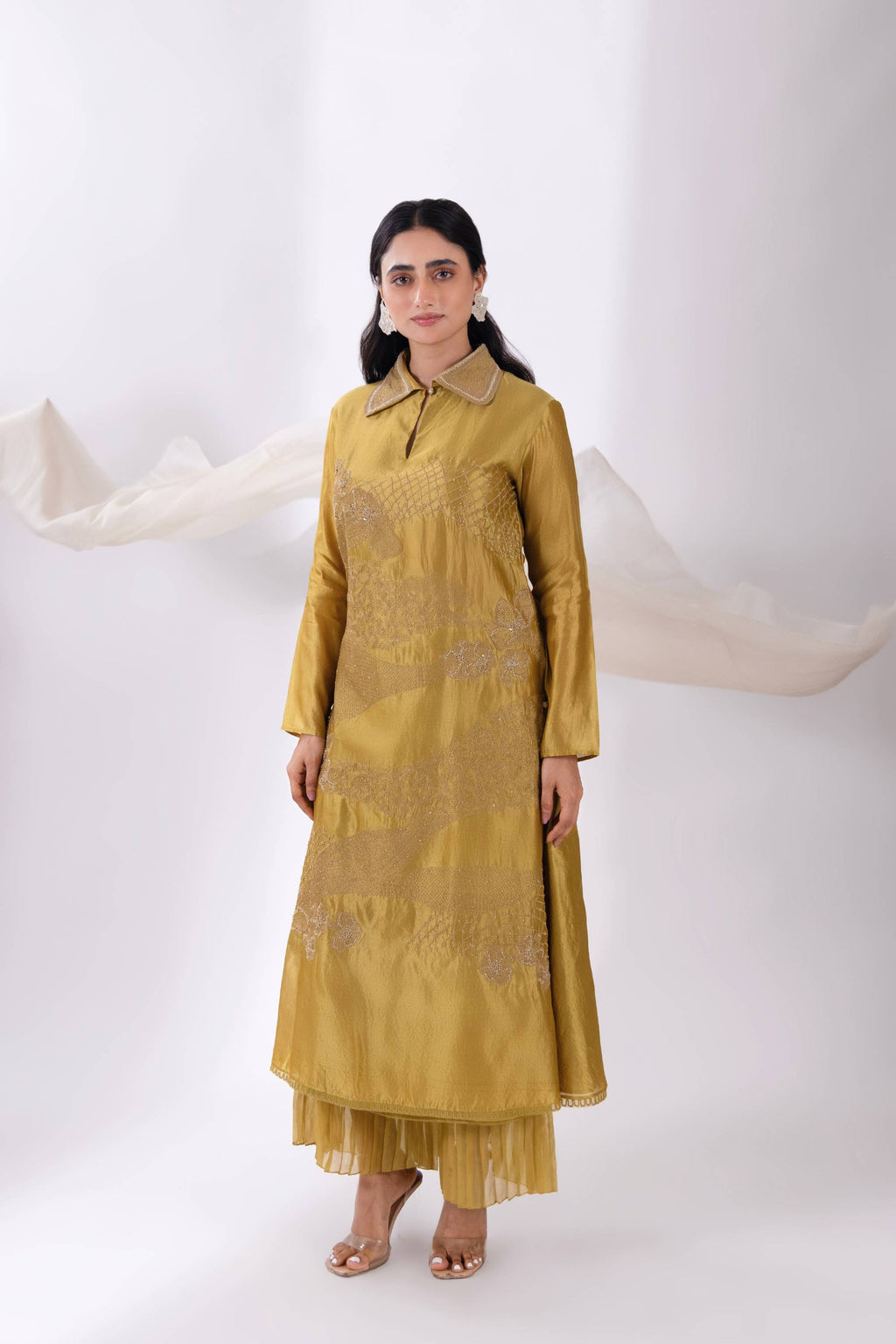 Green A-Line Silk Kurta With Pant