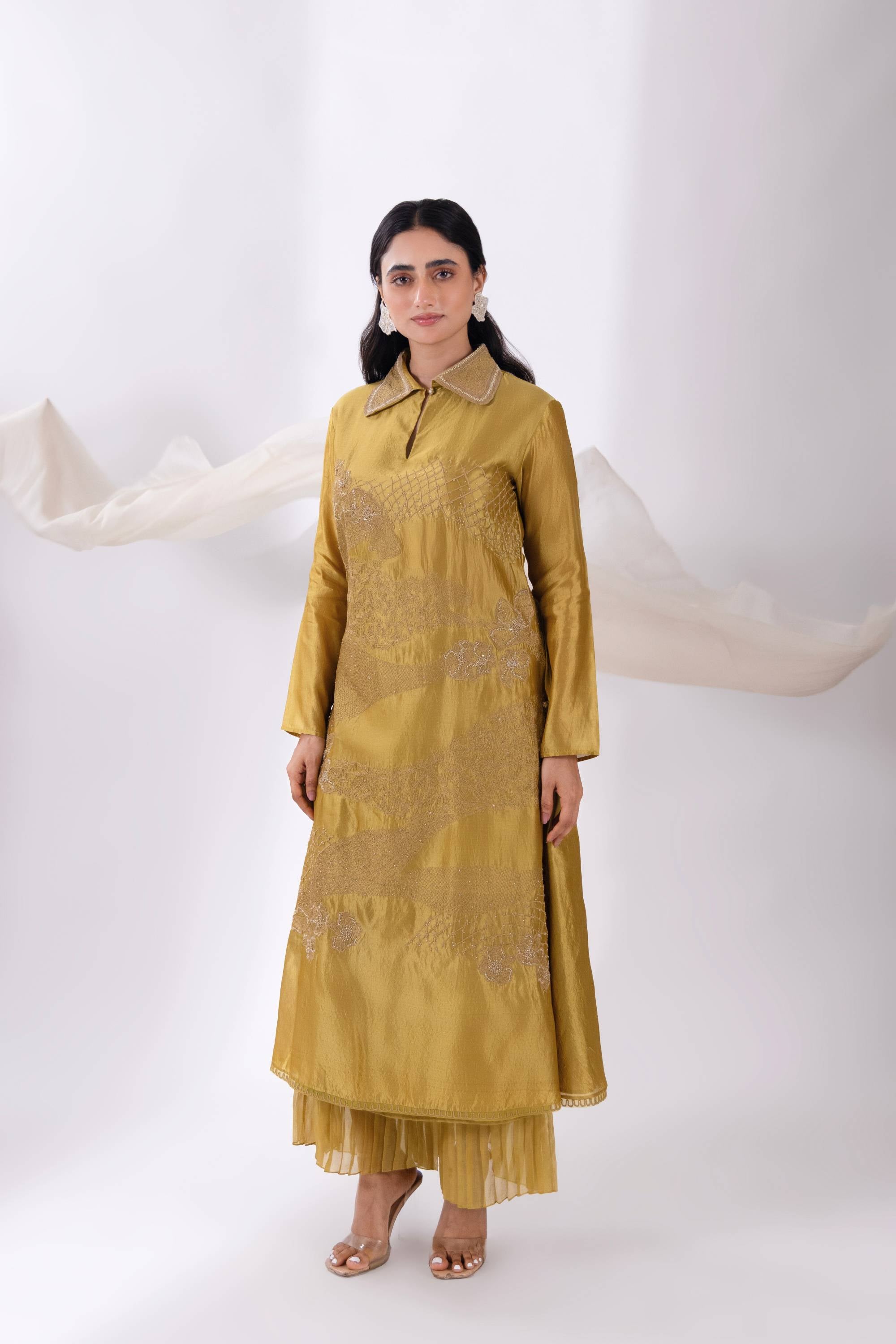 Green A-Line Silk Kurta With Pant