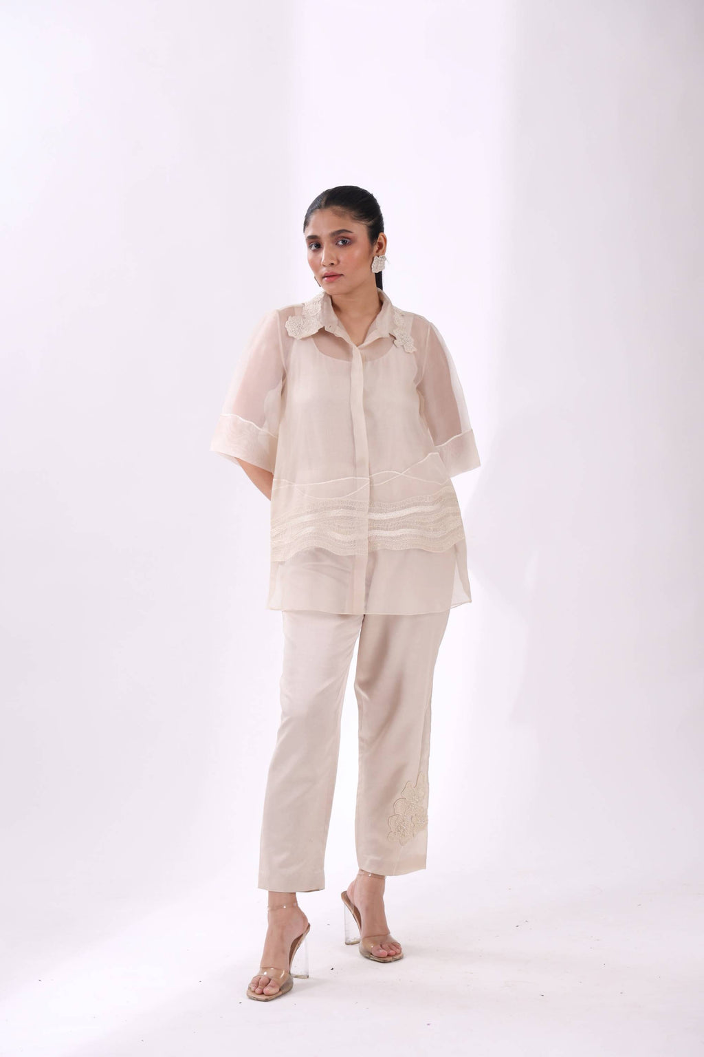 White Organza Wave Shirt With Slip