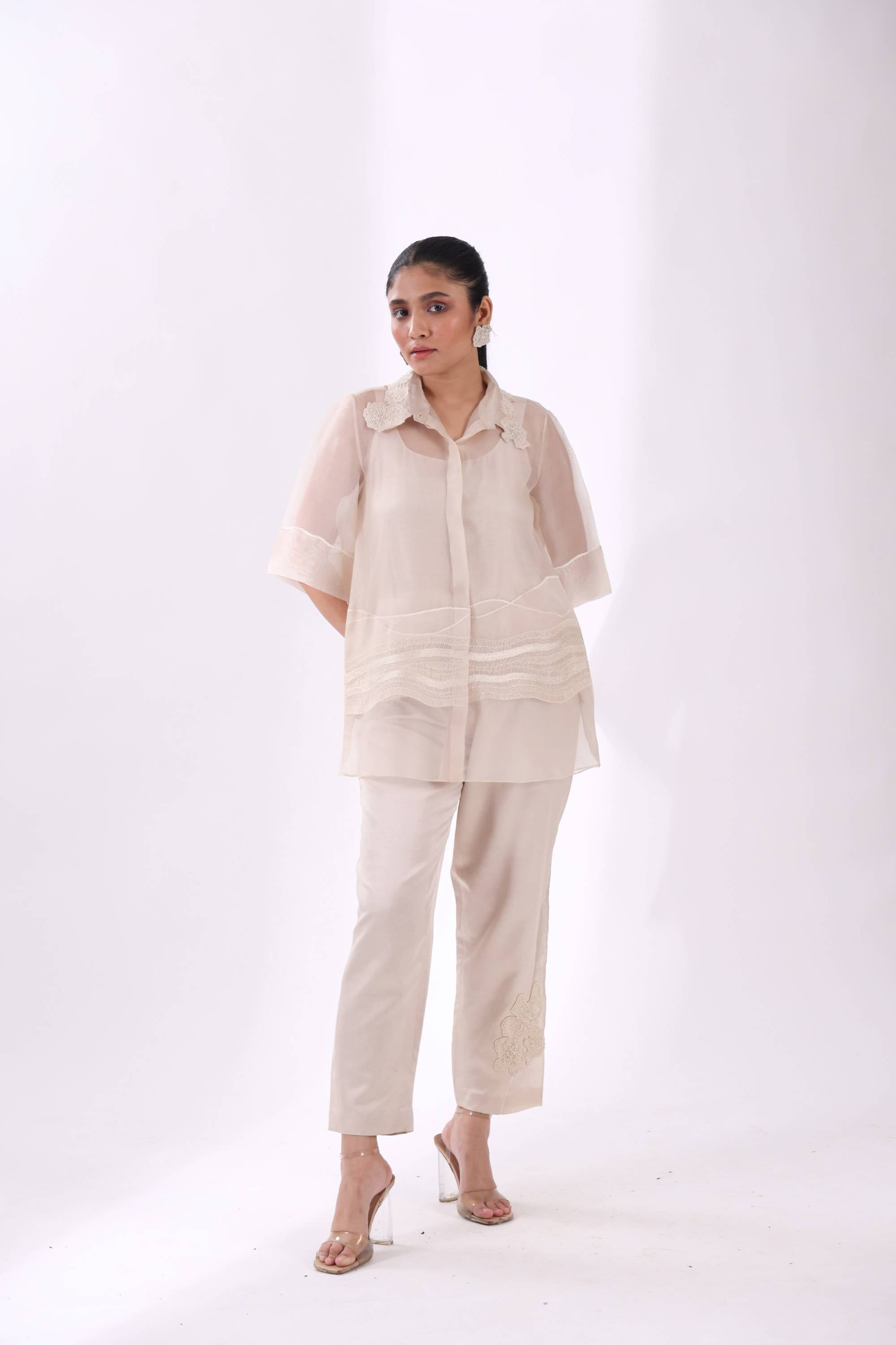 White Organza Wave Shirt With Slip