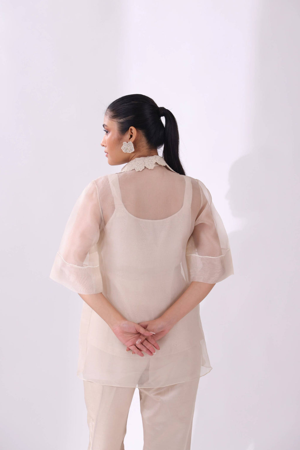 White Organza Wave Shirt With Slip