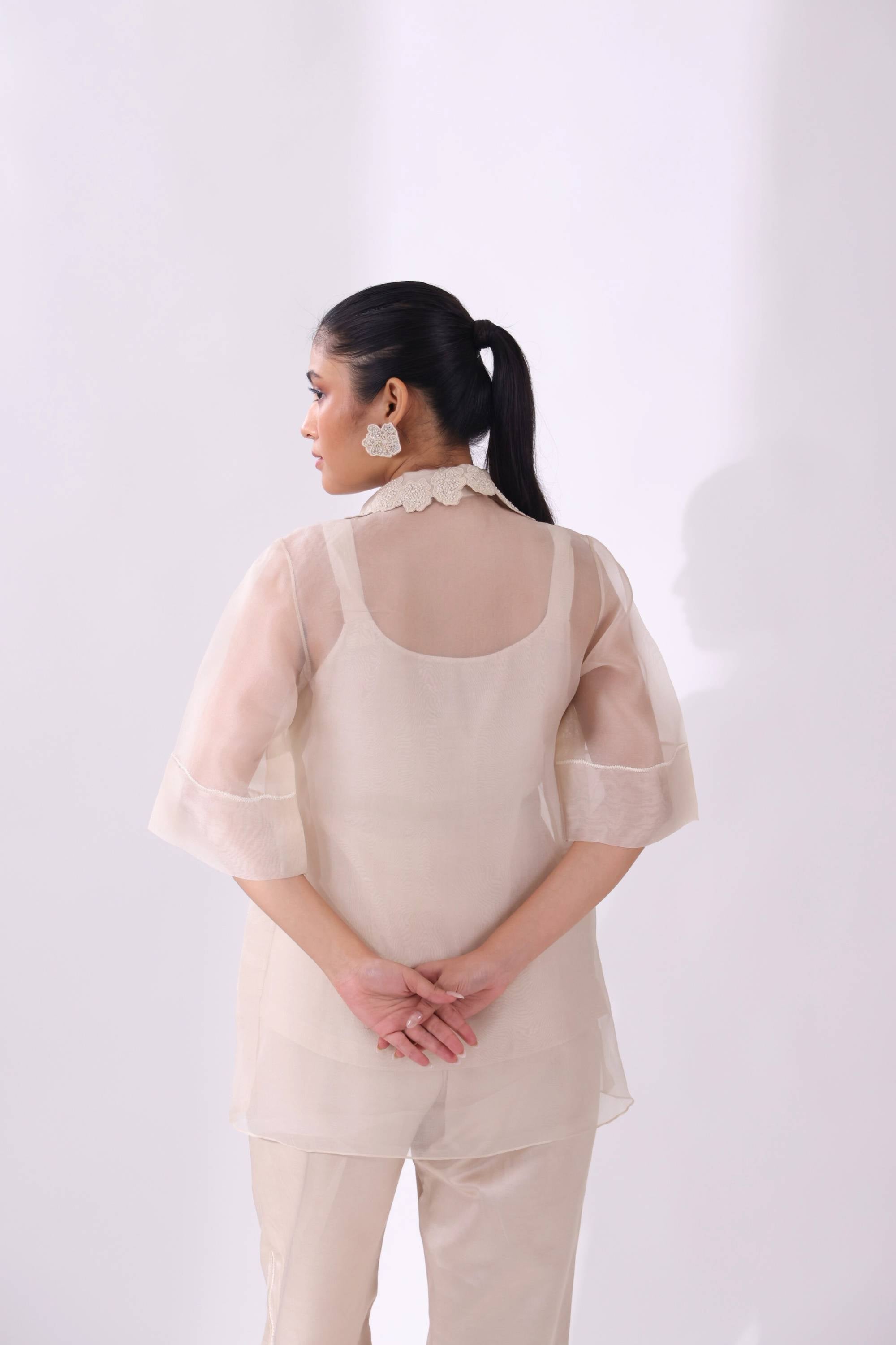 White Organza Wave Shirt With Slip