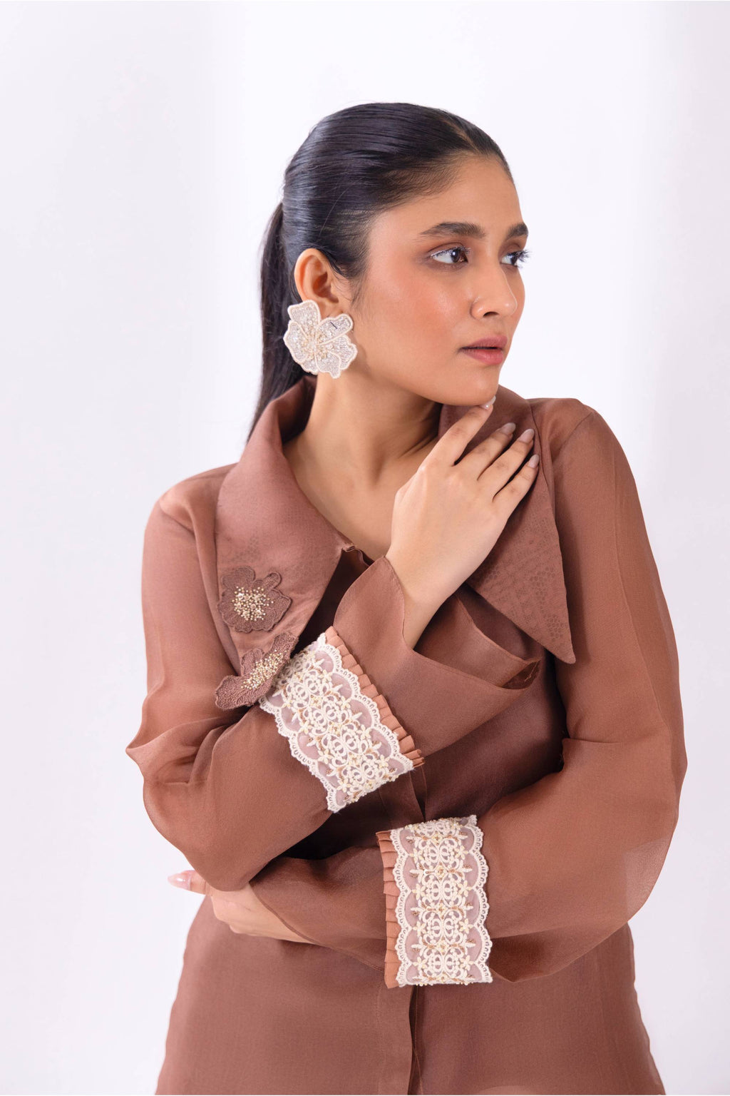 Brown Organza Long Collar Shirt With Slip