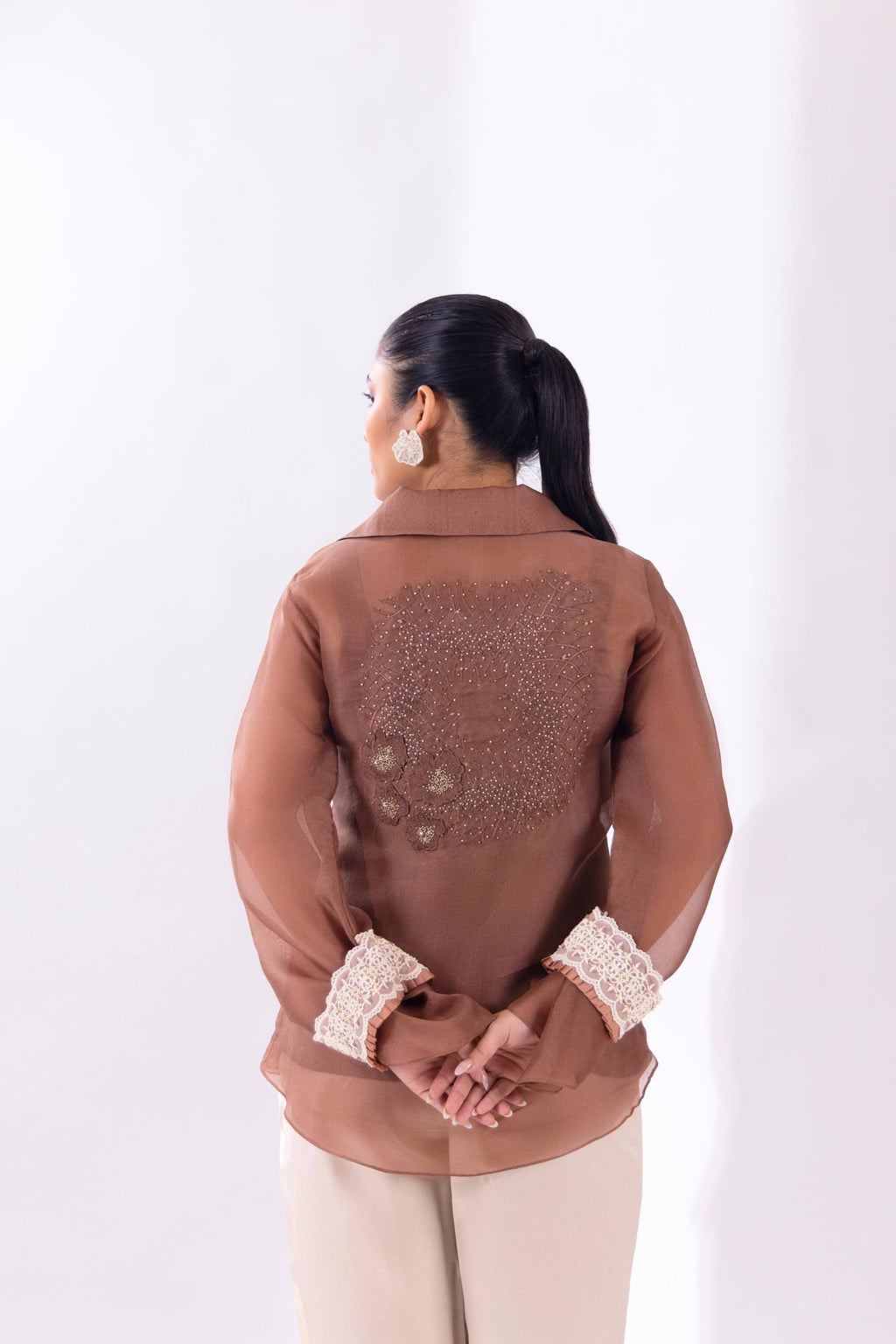 Brown Organza Long Collar Shirt With Slip
