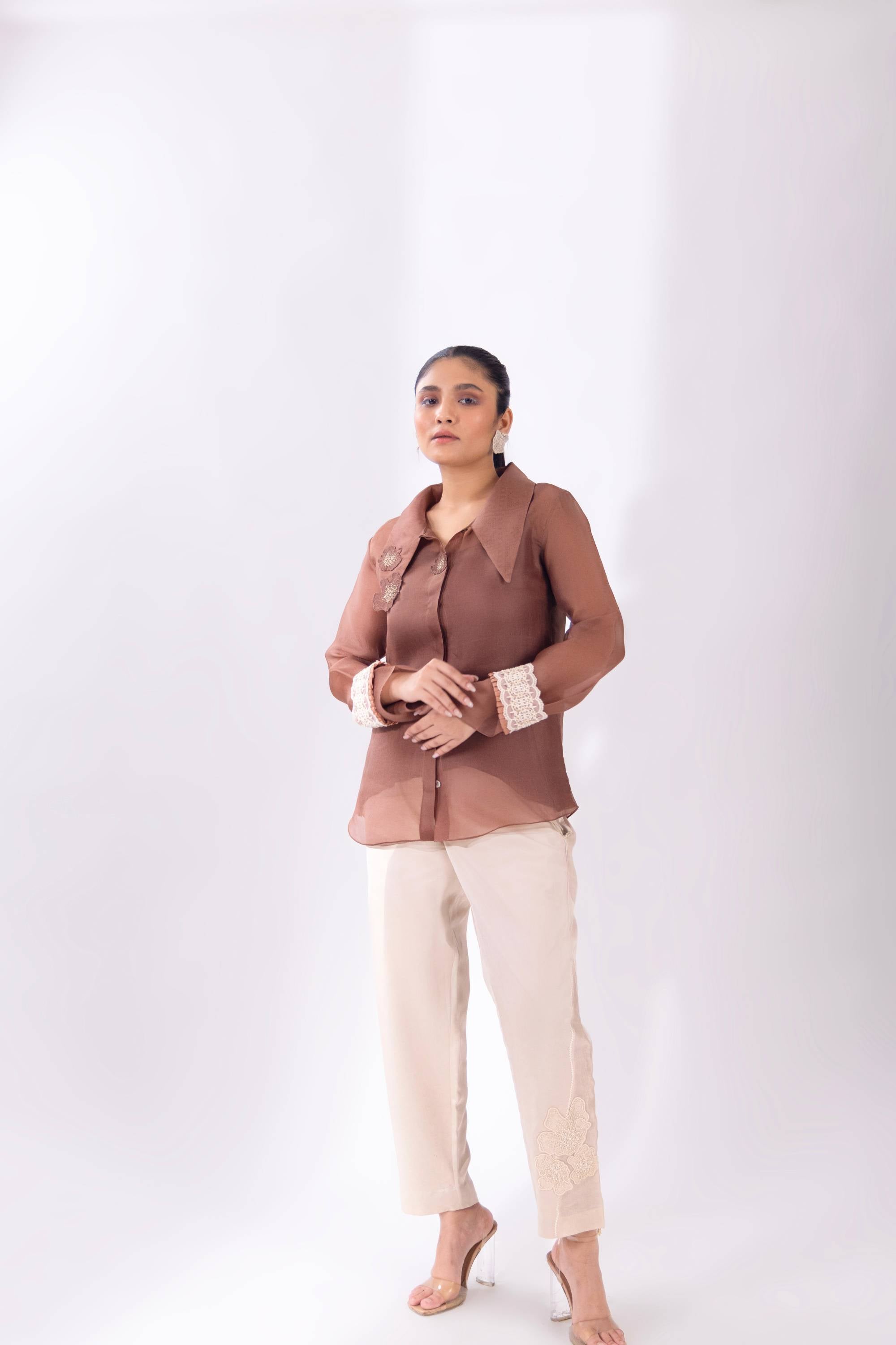 Brown Organza Long Collar Shirt With Slip