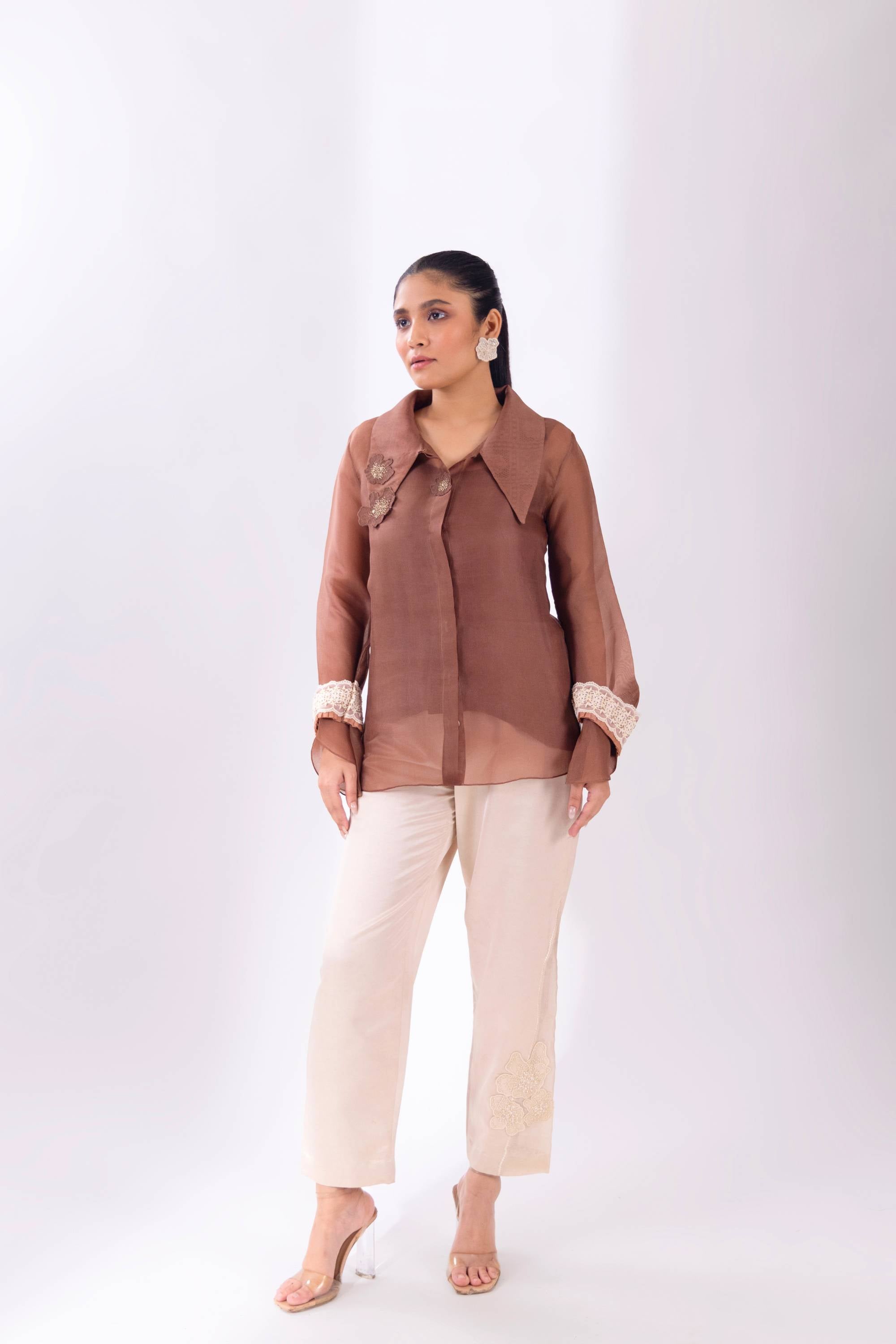Brown Organza Long Collar Shirt With Slip