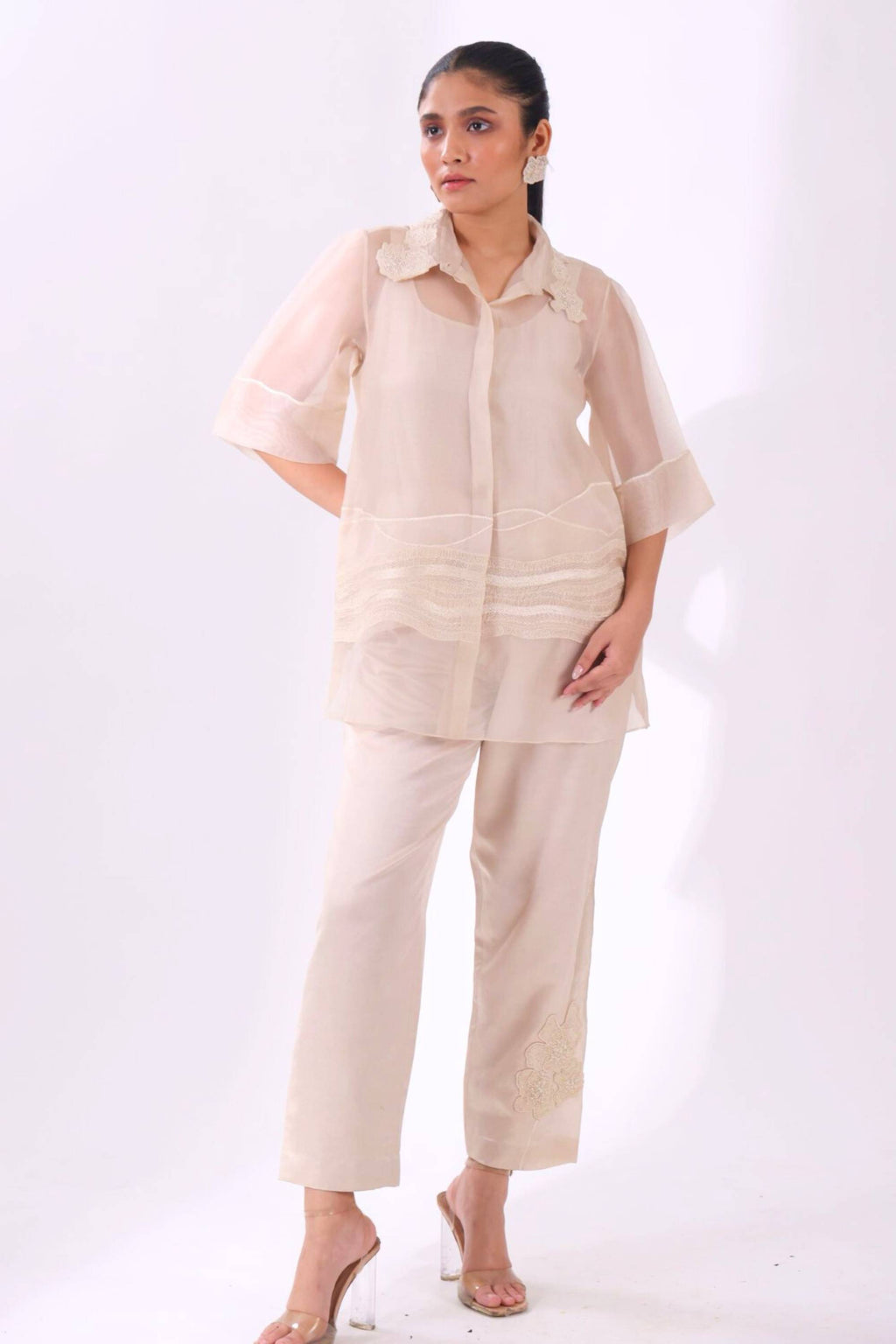White Organza Wave Shirt With Slip