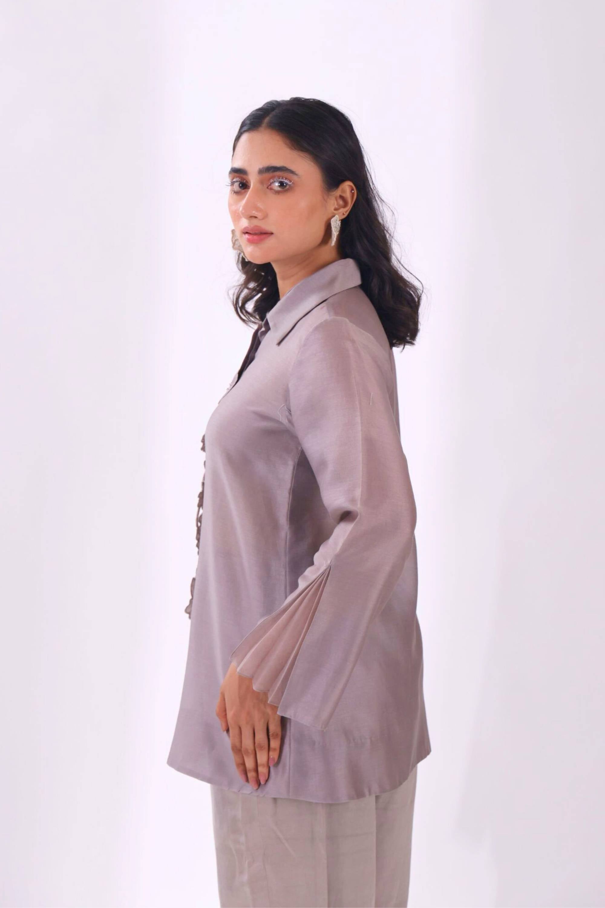 Grey Front Placket Chanderi Shirt