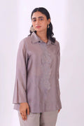 Grey Front Placket Chanderi Shirt