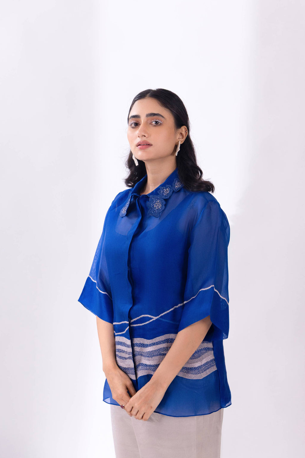 Blue Organza Wave Shirt with Slip