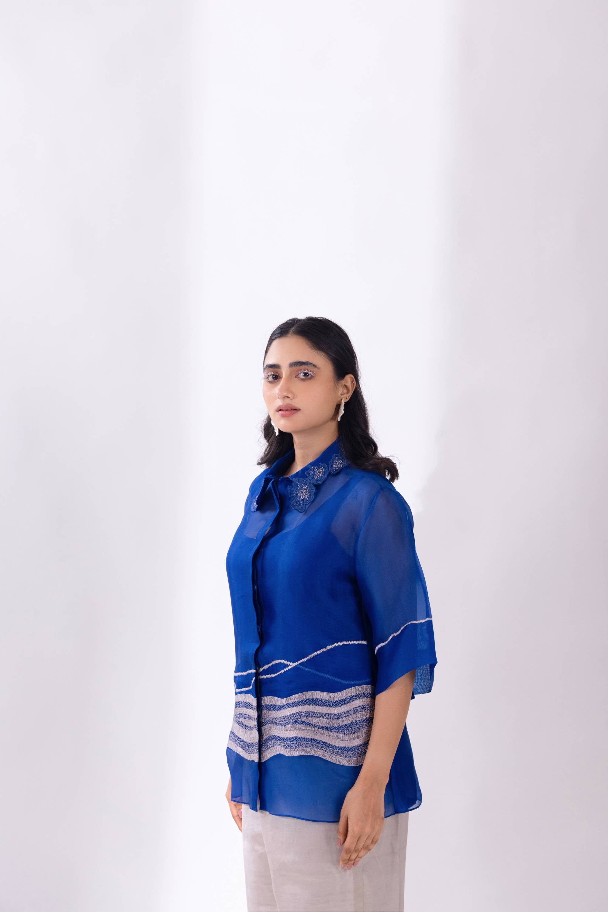 Blue Organza Wave Shirt with Slip