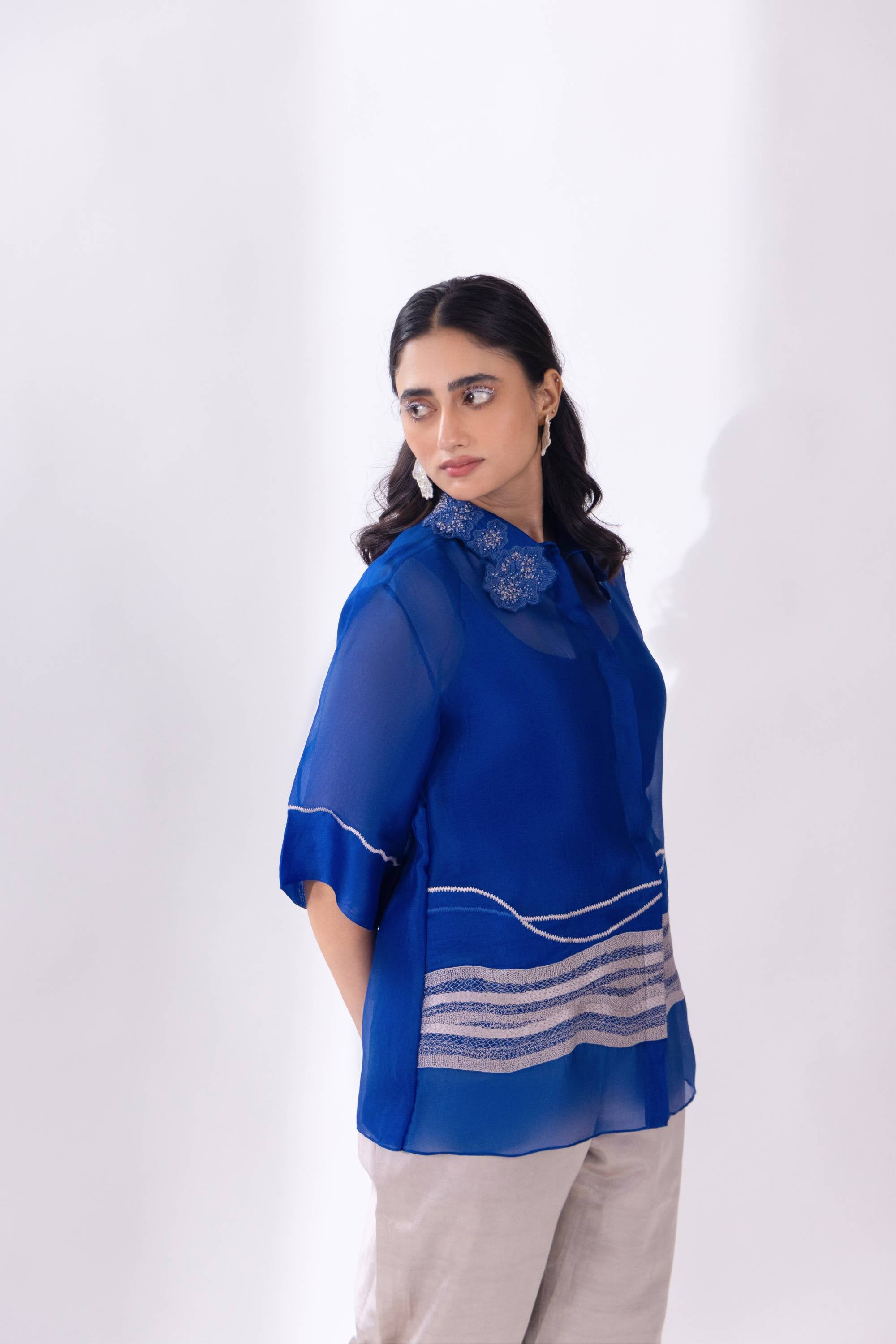 Blue Organza Wave Shirt with Slip