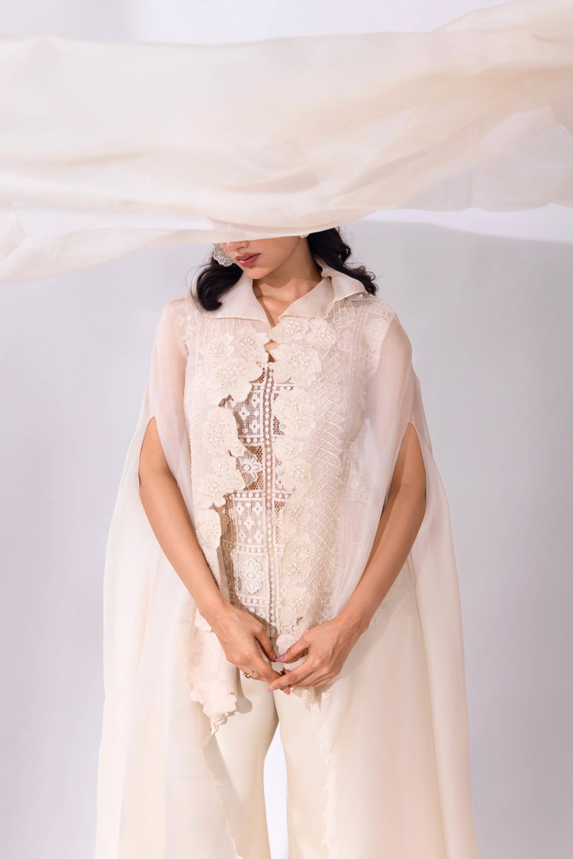 White Organza Cape with Top and Pant
